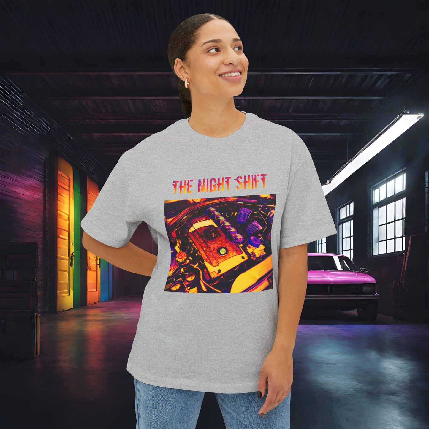 N54 Synthwave Unisex Oversized Boxy Tee Printify by The Night Shift Automotive Apparel