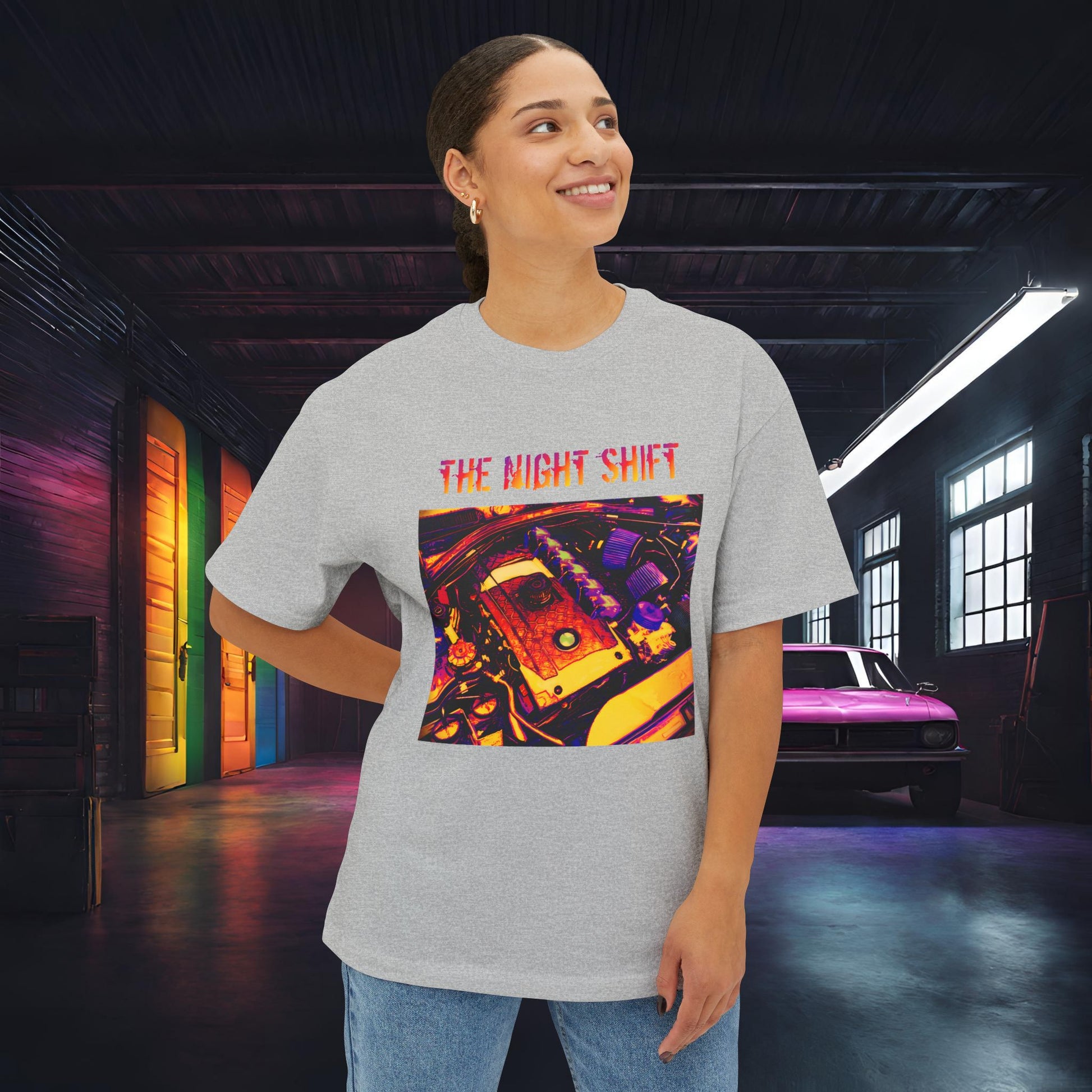 N54 Synthwave Unisex Oversized Boxy Tee Printify by The Night Shift Automotive Apparel