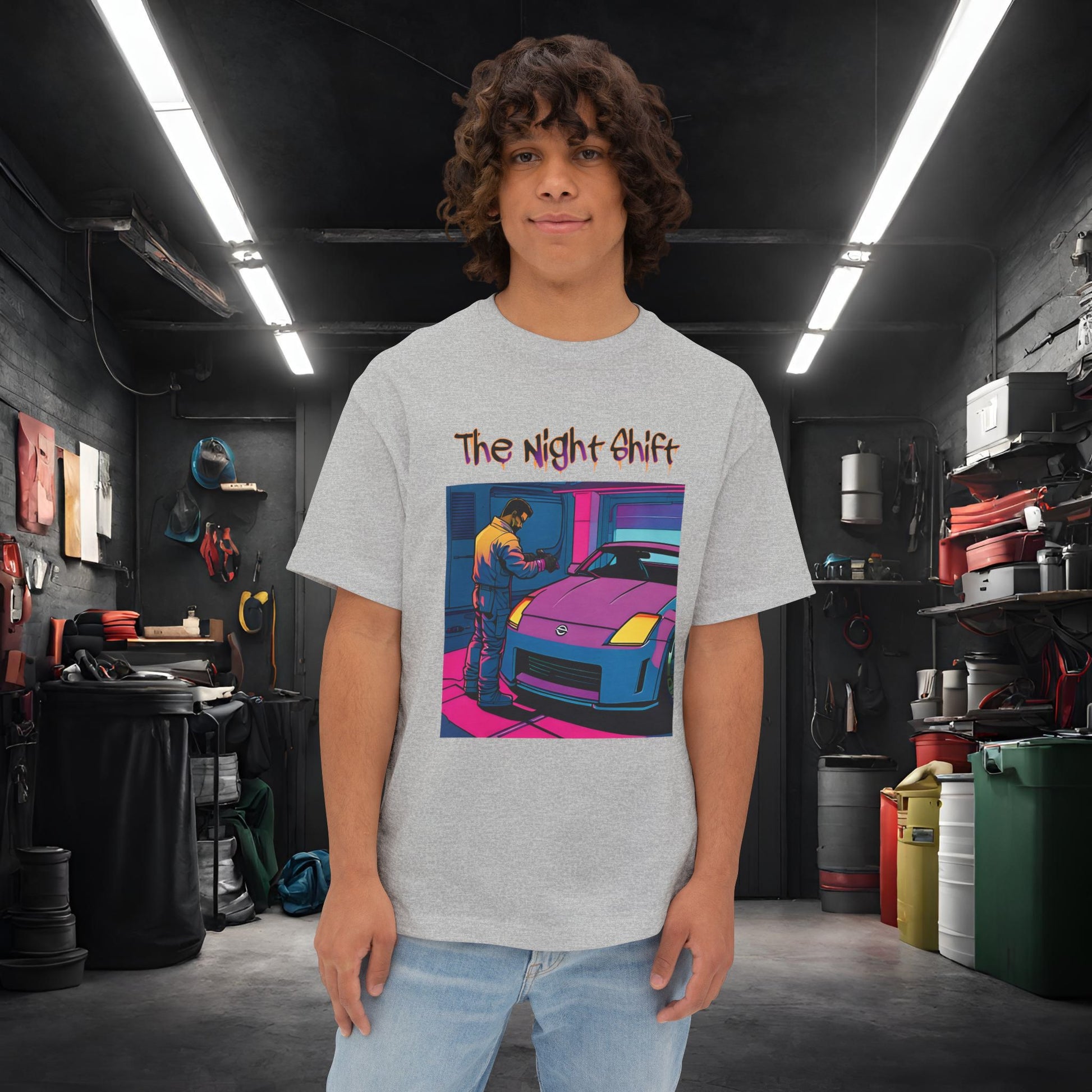 Nissan 350z Garage Queen Synthwave-Premium, Ultra Soft Unisex Oversized Boxy Tee Athletic Heather Printify by The Night Shift Automotive Apparel