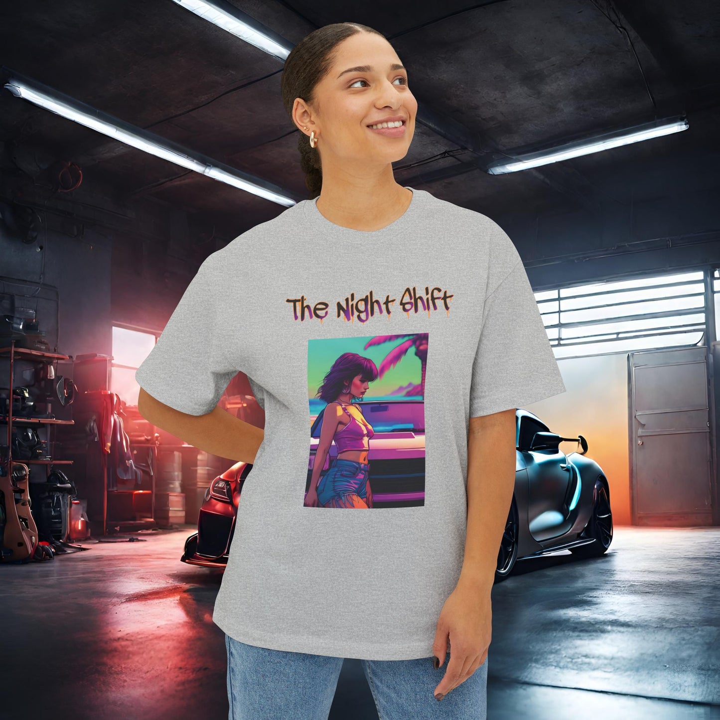Summer Days Synthwave-Premium, Ultra Soft Unisex Oversized Boxy Tee Printify by The Night Shift Automotive Apparel