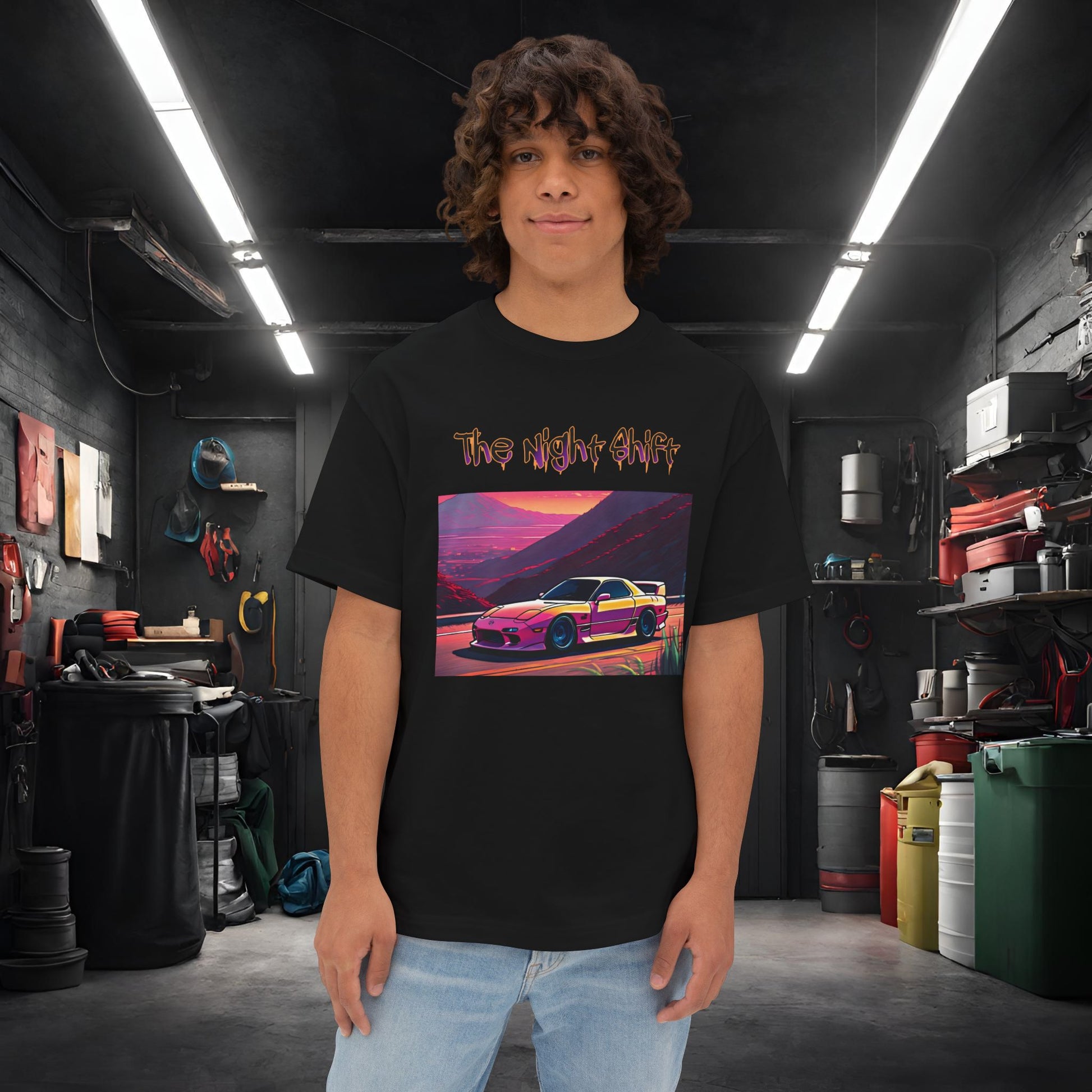 Mazda RX7 Synthwave-Premium, Ultra Soft Unisex Oversized Boxy Tee Black Printify by The Night Shift Automotive Apparel