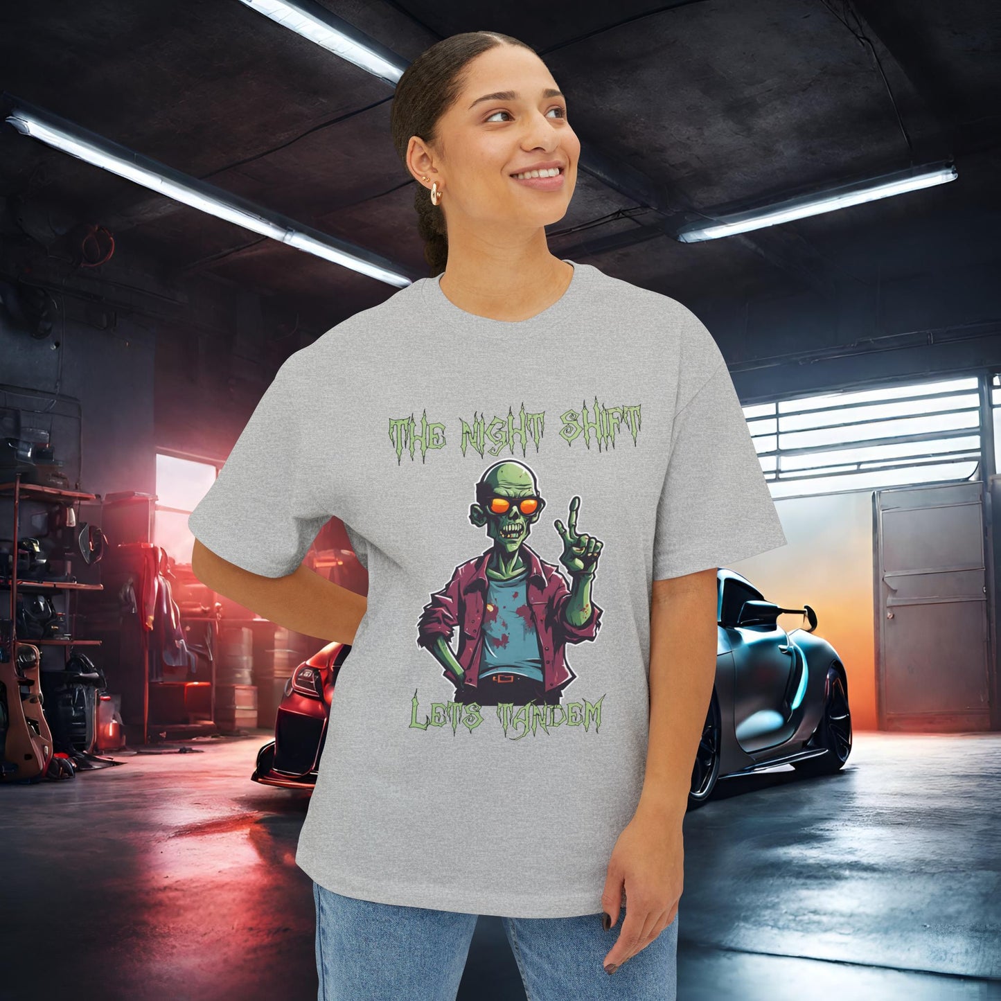 Lets Tandem Drift Zombie- Premium, Ultra Soft Unisex Oversized Boxy Tee Printify by The Night Shift Automotive Apparel