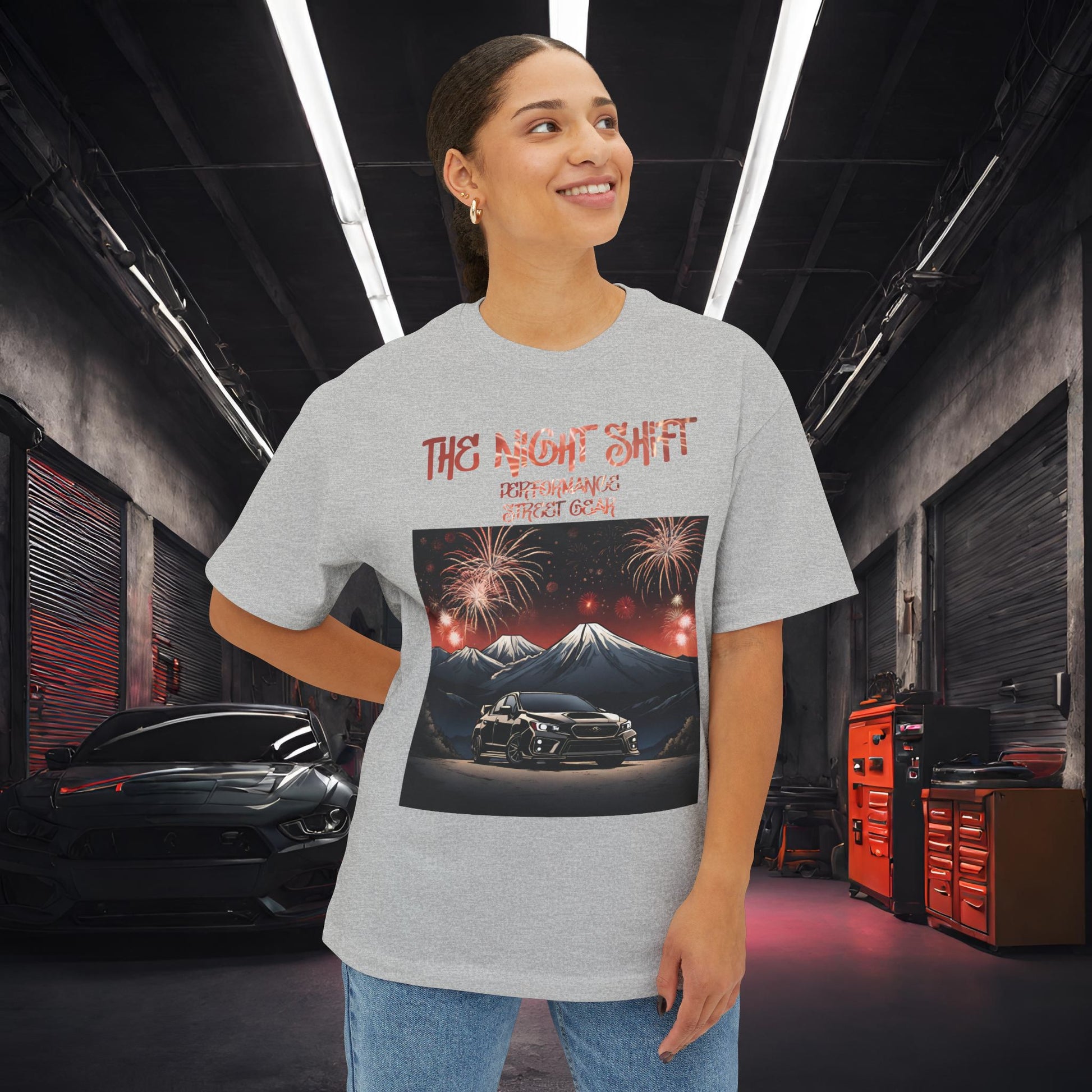 Subaru WRX/STI Fireworks In The Mountains-Premium, Ultra Soft Unisex Oversized Boxy Tee Printify by The Night Shift Automotive Apparel