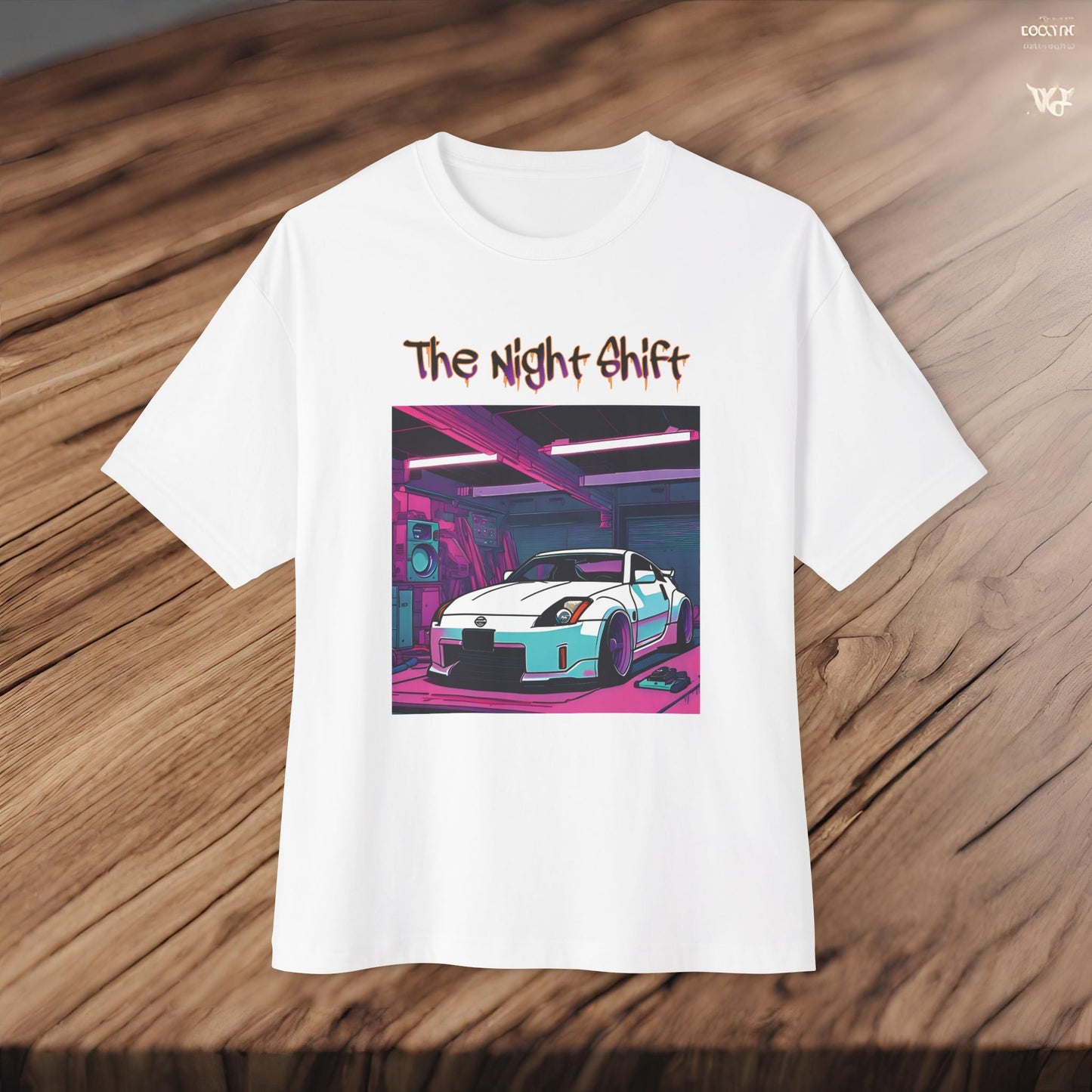Nissan 350z Synthwave-Premium, Ultra Soft Unisex Oversized Boxy Tee Printify by The Night Shift Automotive Apparel