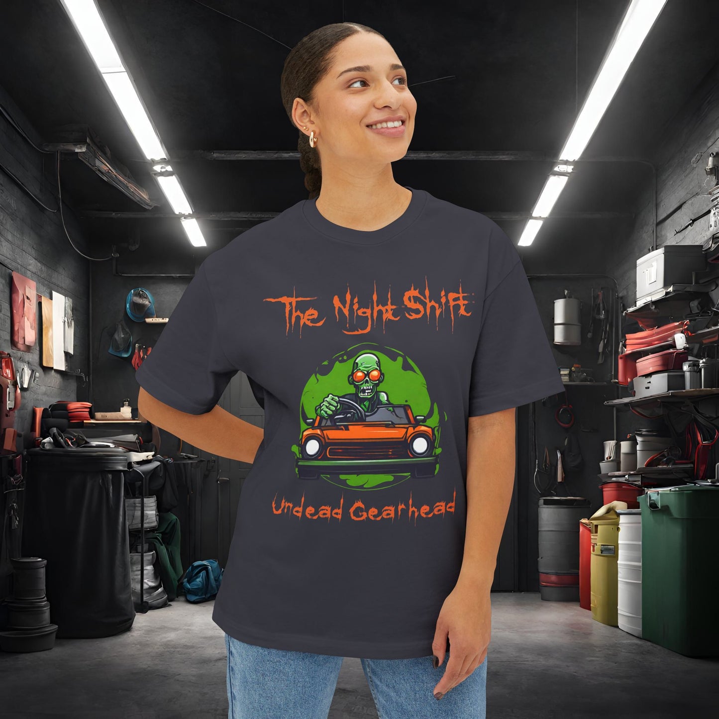 Undead Gearhead Zombie-Premium, Ultra Soft Unisex Oversized Boxy Tee Printify by The Night Shift Automotive Apparel