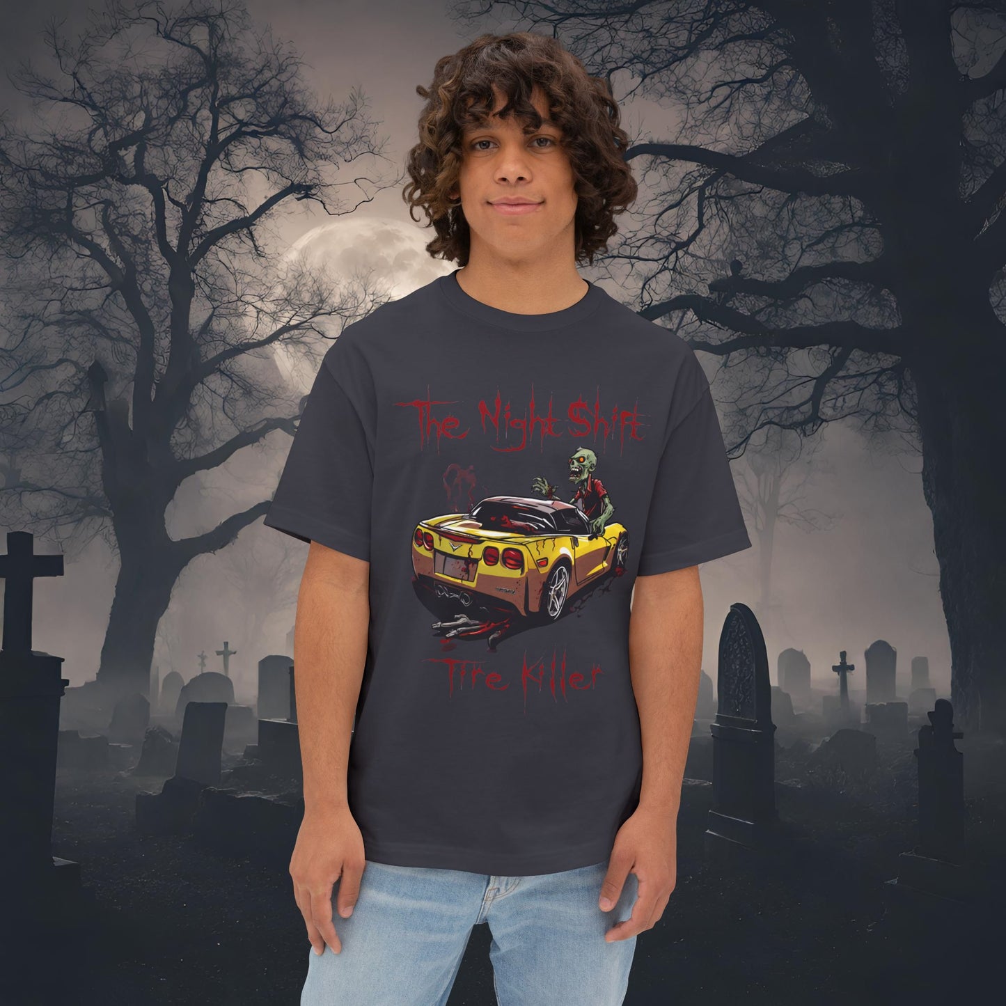 Tire Killer Zombie Corvette-Premium, Ultra Soft Unisex Oversized Boxy Tee Dark Grey Printify by The Night Shift Automotive Apparel