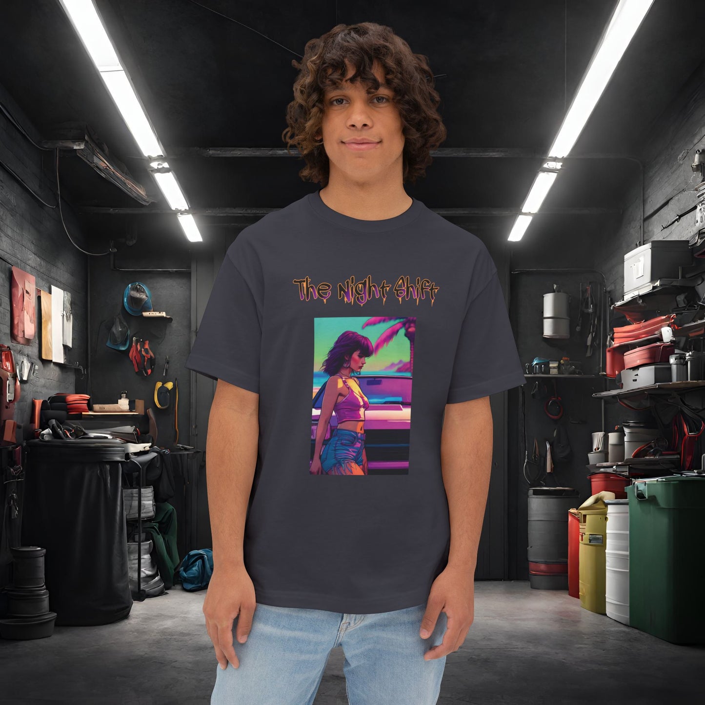 Summer Days Synthwave-Premium, Ultra Soft Unisex Oversized Boxy Tee Dark Grey Printify by The Night Shift Automotive Apparel