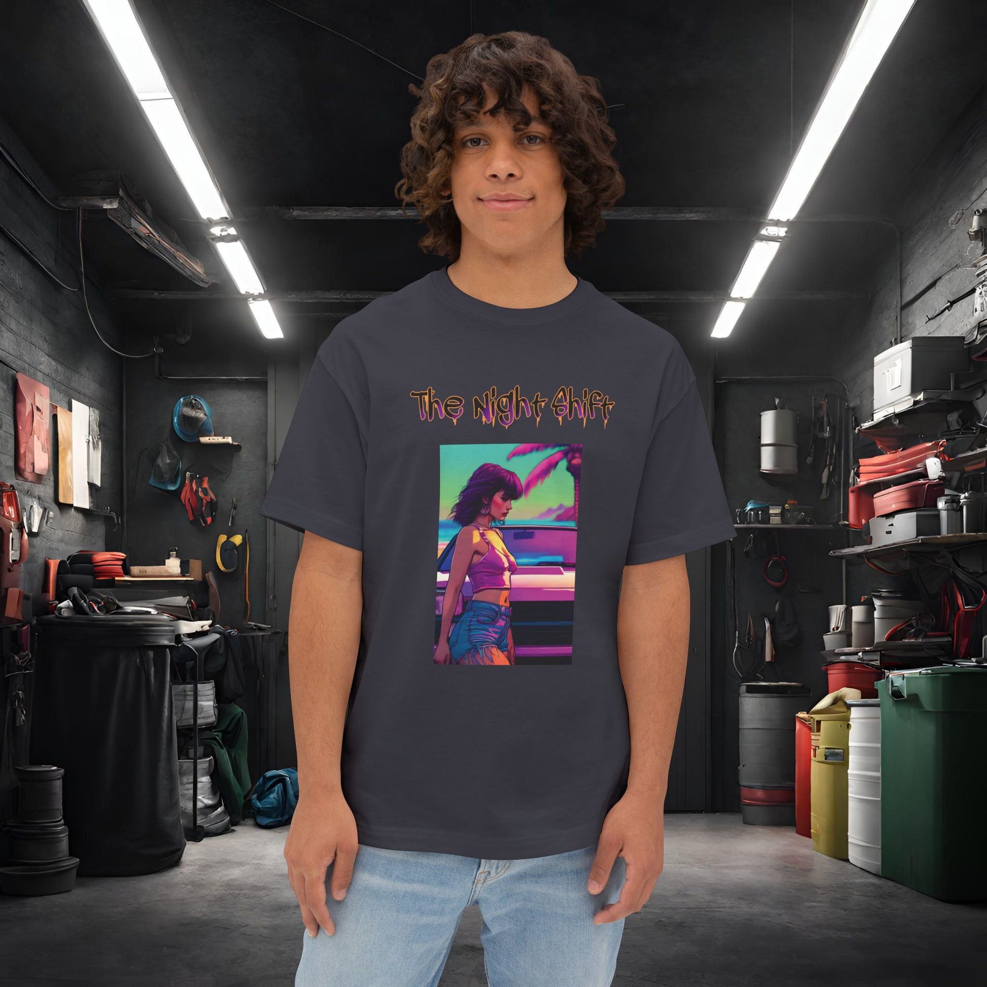 Summer Days Synthwave-Premium, Ultra Soft Unisex Oversized Boxy Tee Dark Grey Printify by The Night Shift Automotive Apparel
