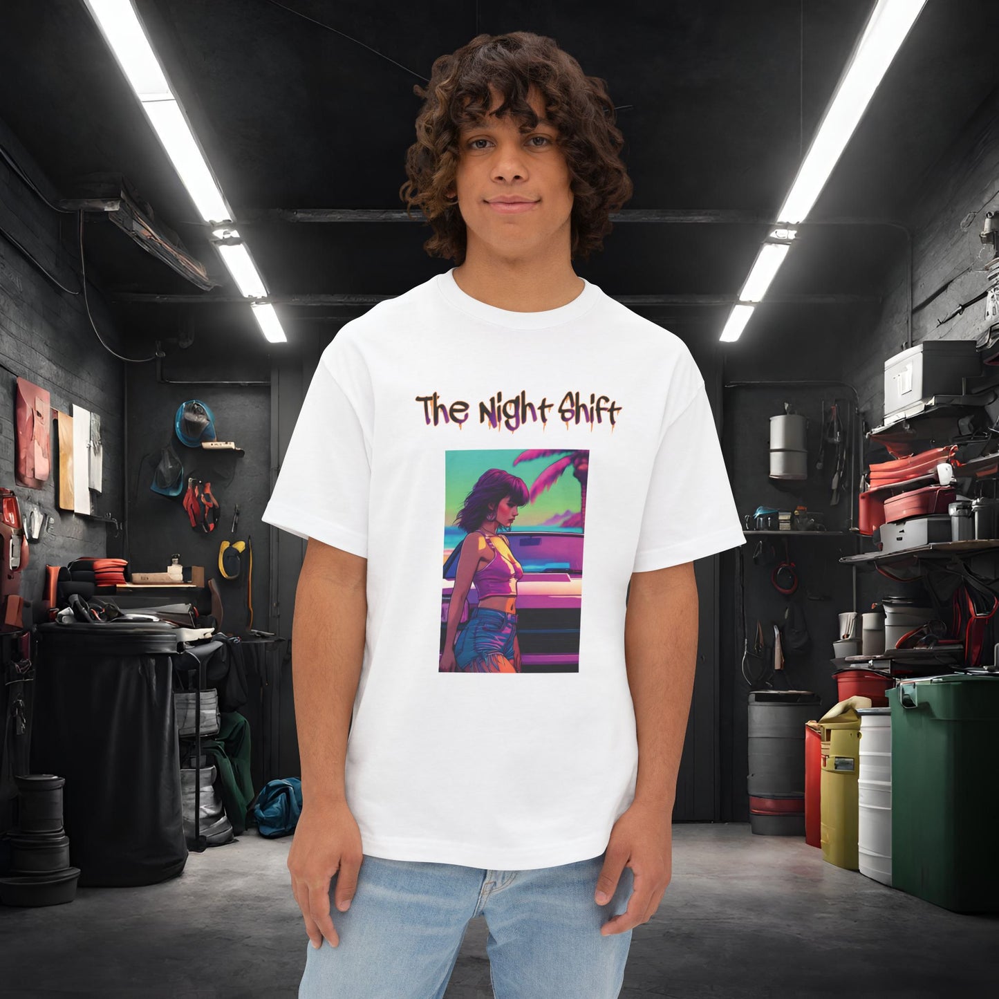 Summer Days Synthwave-Premium, Ultra Soft Unisex Oversized Boxy Tee White Printify by The Night Shift Automotive Apparel