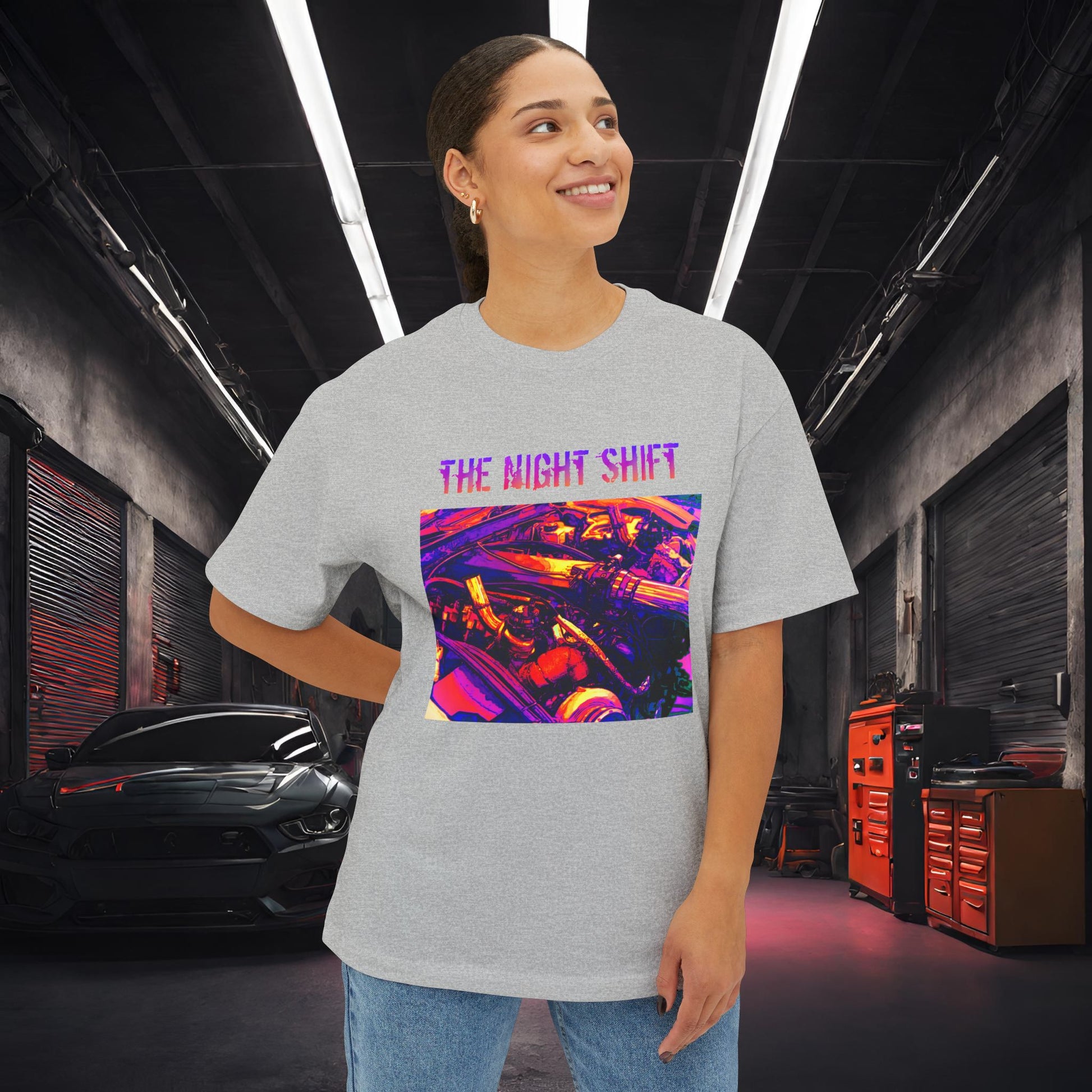 LS-X Twin Turbo Synthwave-Premium, Ultra Soft Unisex Oversized Boxy Tee Printify by The Night Shift Automotive Apparel