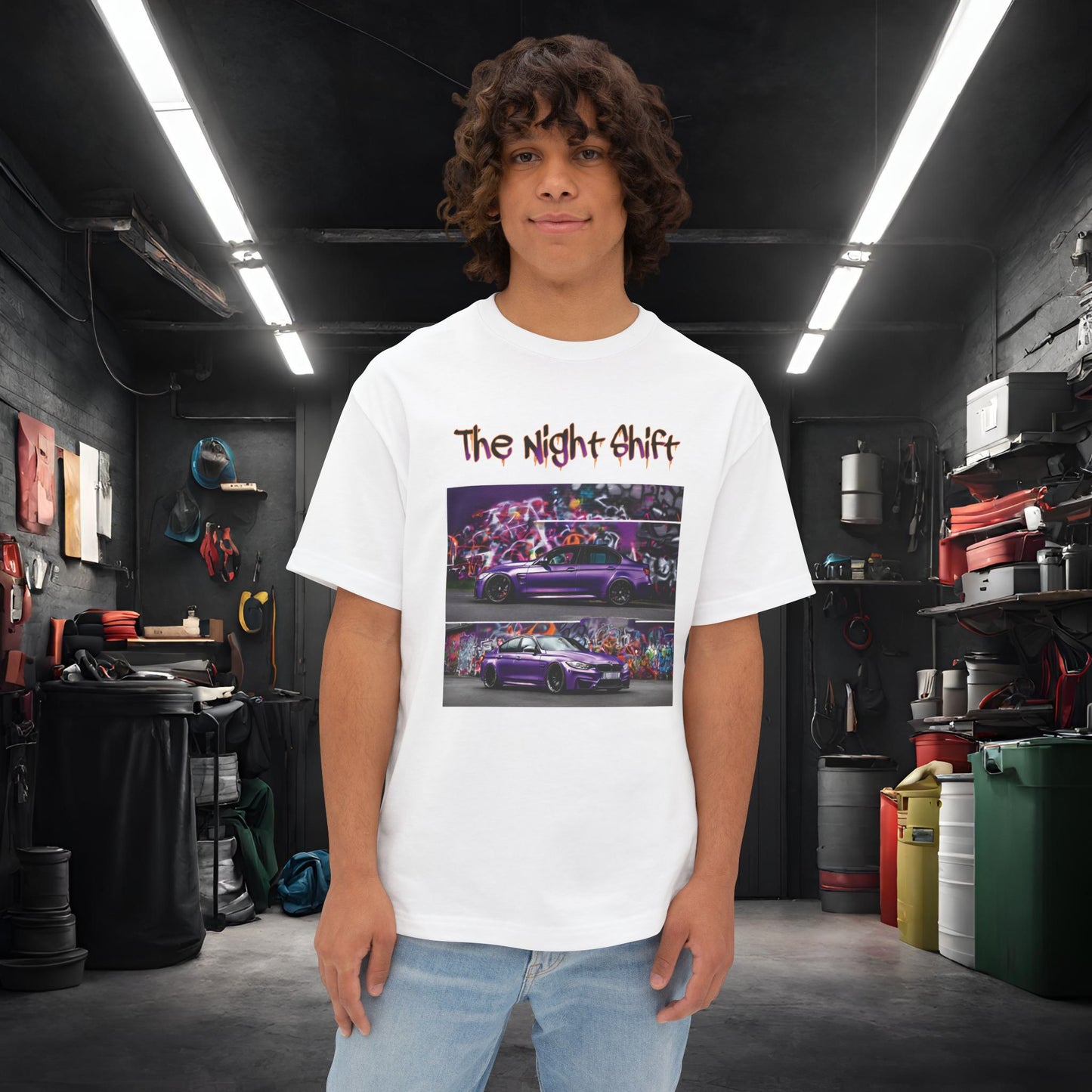 BMW M3 Graffiti-Premium, Ultra Soft Unisex Oversized Boxy Tee White Printify by The Night Shift Automotive Apparel