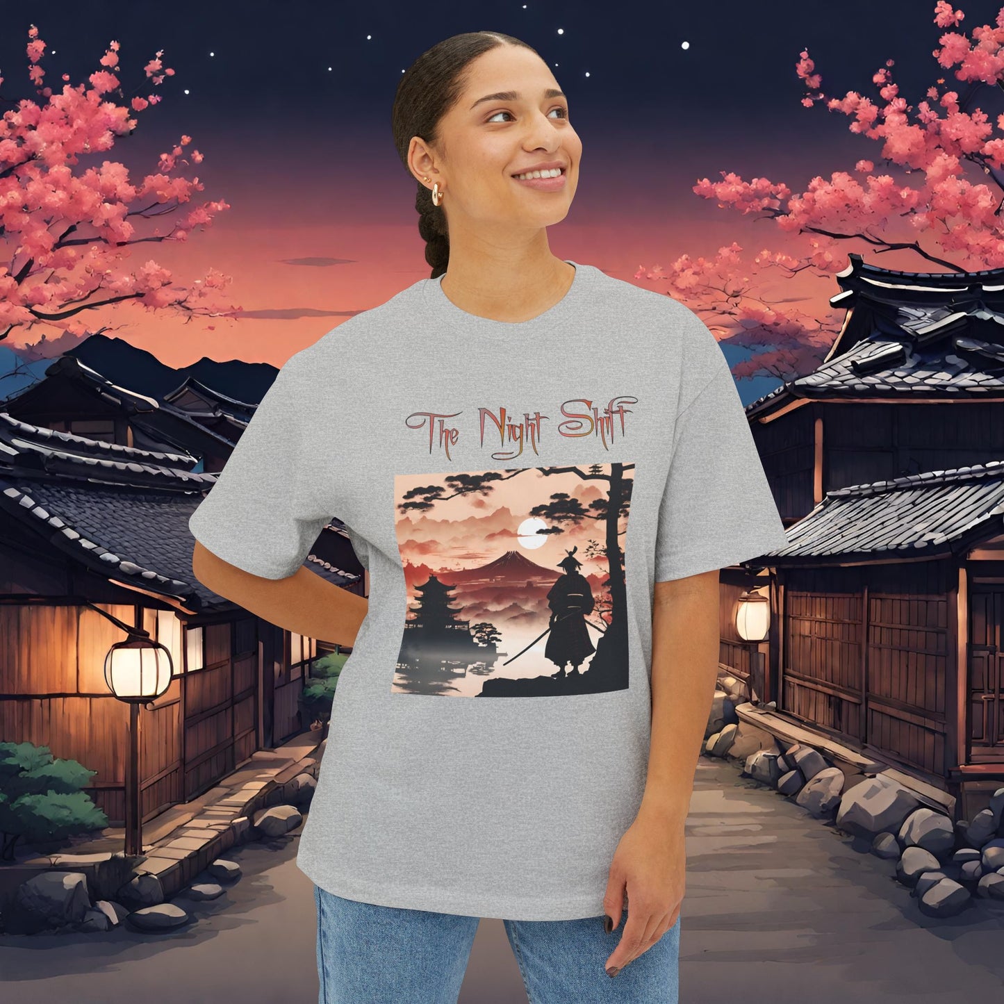 Samurai Volcano Silhouette-Premium, Ultra Soft Unisex Oversized Boxy Tee Printify by The Night Shift Automotive Apparel