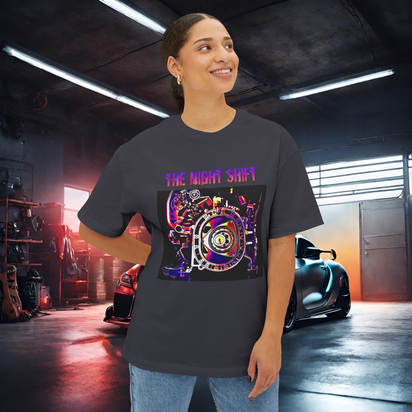 13B-REW Synthwave-Premium, Ultra Soft Unisex Oversized Boxy Tee Printify by The Night Shift Automotive Apparel