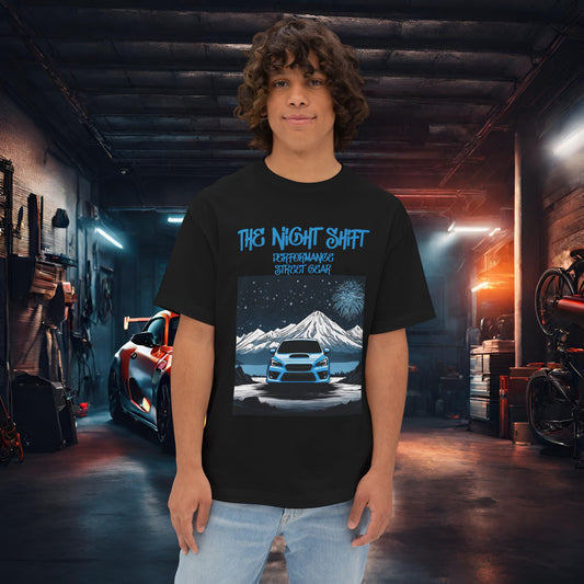 Subaru WRX Fireworks In The Mountains-Premium, Ultra Soft Unisex Oversized Boxy Tee Black Printify by The Night Shift Automotive Apparel
