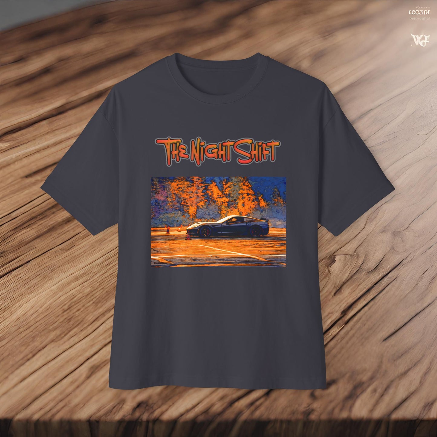 Chevy Corvette C7 Drifting Nedco NHMS-Premium, Ultra Soft Unisex Oversized Boxy Tee Printify by The Night Shift Automotive Apparel