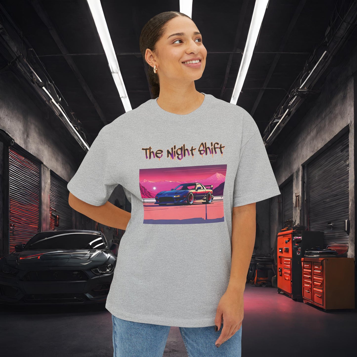 Mazda RX7 Synthwave-Premium, Ultra Soft Unisex Oversized Boxy Tee Printify by The Night Shift Automotive Apparel