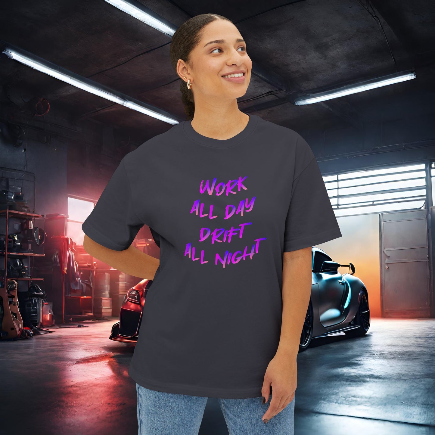 Work All Day, Drift All Night-Premium, Ultra Soft Unisex Oversized Boxy Tee Printify by The Night Shift Automotive Apparel