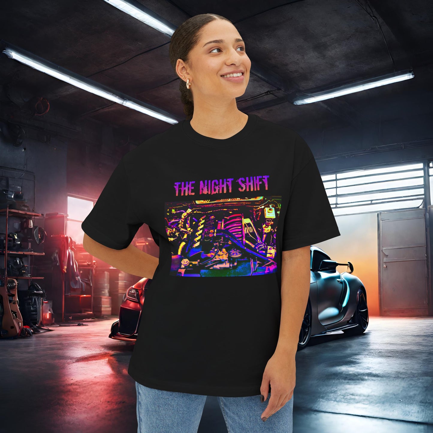 S50B32 Synthwave-Premium, Ultra Soft Unisex Oversized Boxy Tee Printify by The Night Shift Automotive Apparel