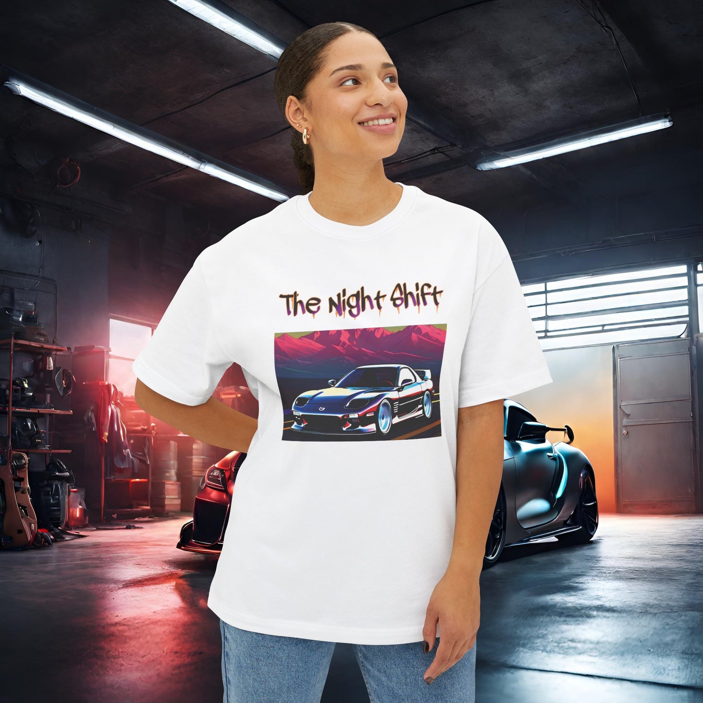 Mazda RX7 Cruising-Premium, Ultra Soft Unisex Oversized Boxy Tee Printify by The Night Shift Automotive Apparel