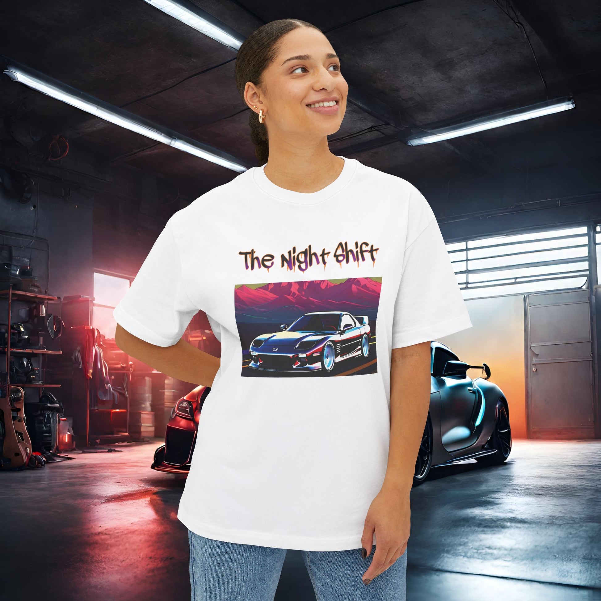 Mazda RX7 Cruising-Premium, Ultra Soft Unisex Oversized Boxy Tee Printify by The Night Shift Automotive Apparel