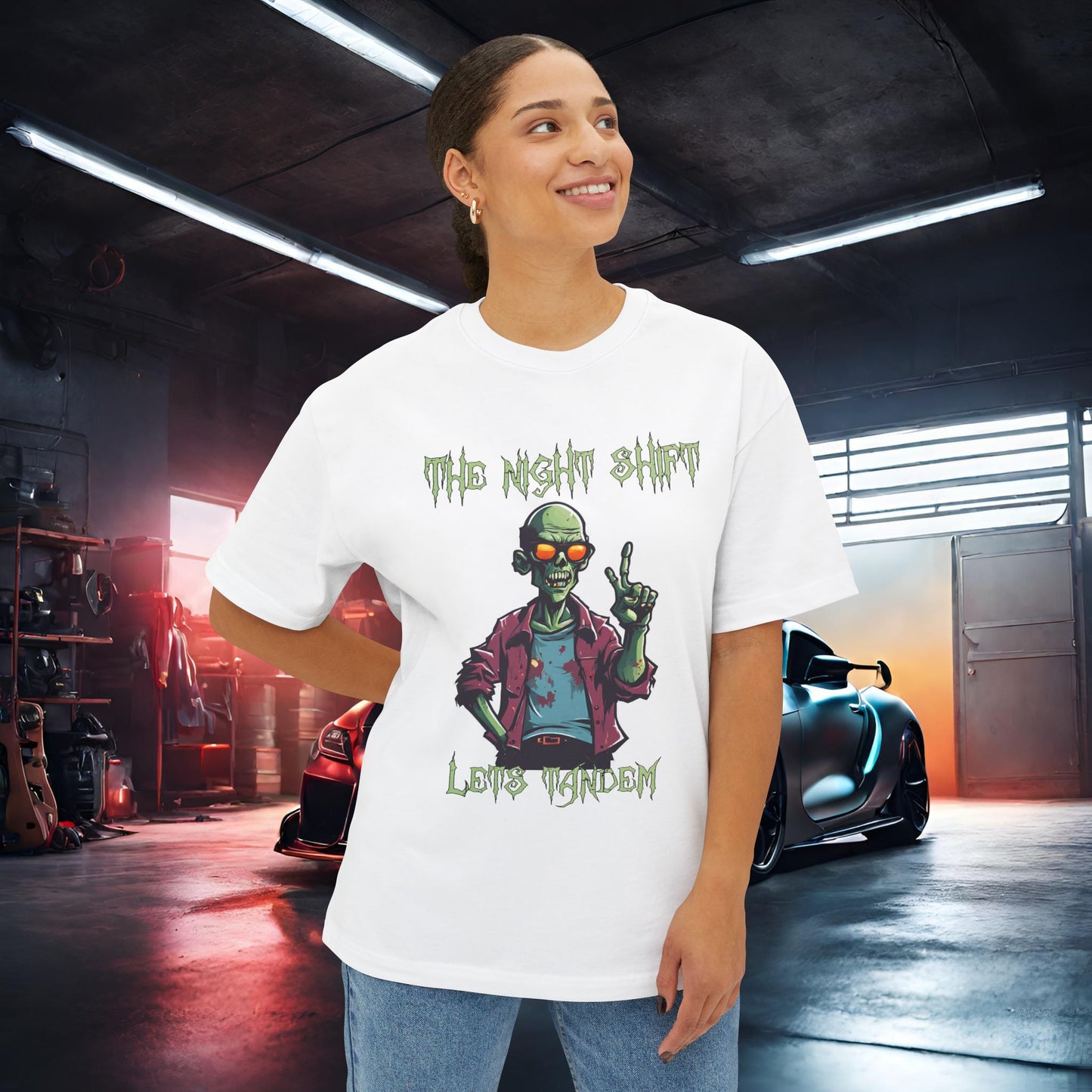 Lets Tandem Drift Zombie- Premium, Ultra Soft Unisex Oversized Boxy Tee Printify by The Night Shift Automotive Apparel