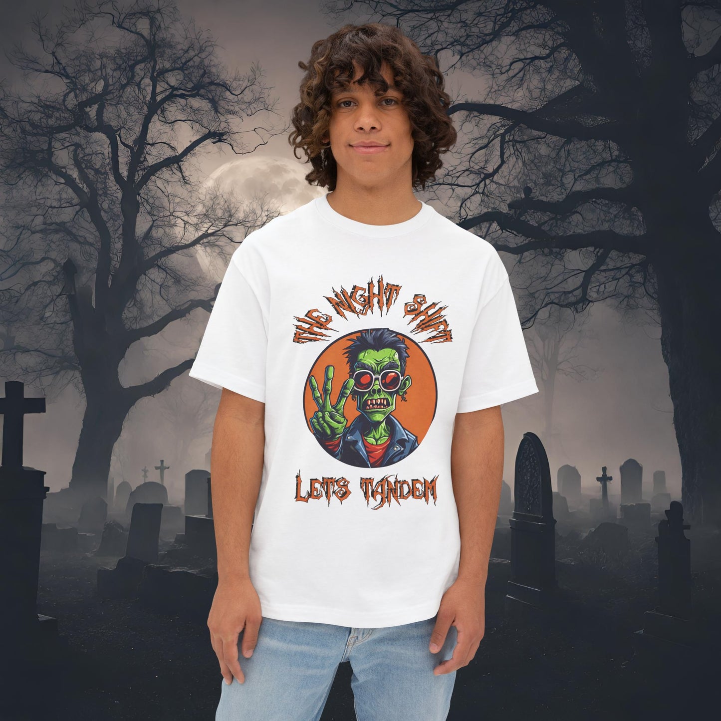 Lets Tandem Drift Zombie-Premium, Ultra Soft Unisex Oversized Boxy Tee White Printify by The Night Shift Automotive Apparel