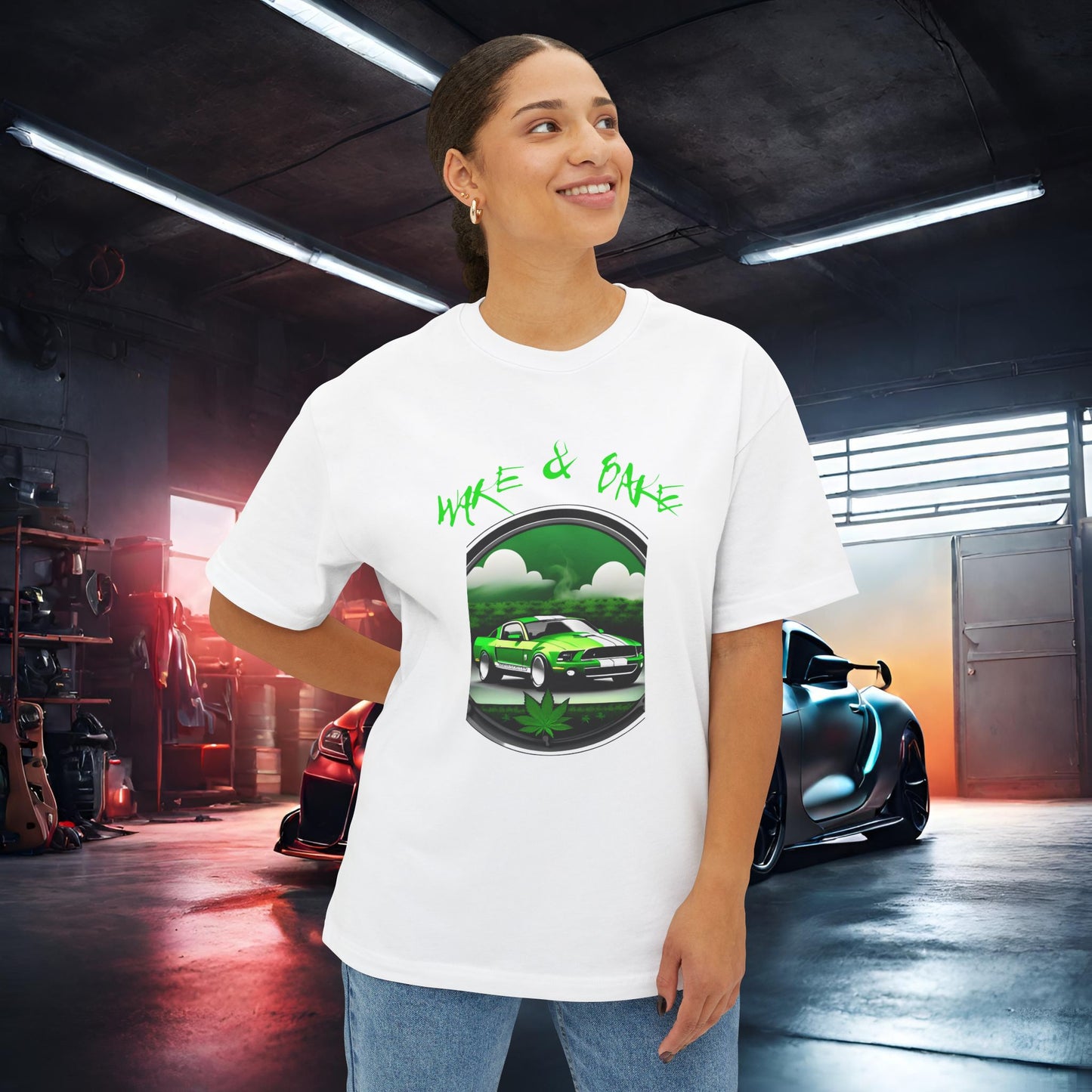 Wake And Bake-Premium, Ultra Soft Unisex Oversized Boxy Tee Printify by The Night Shift Automotive Apparel