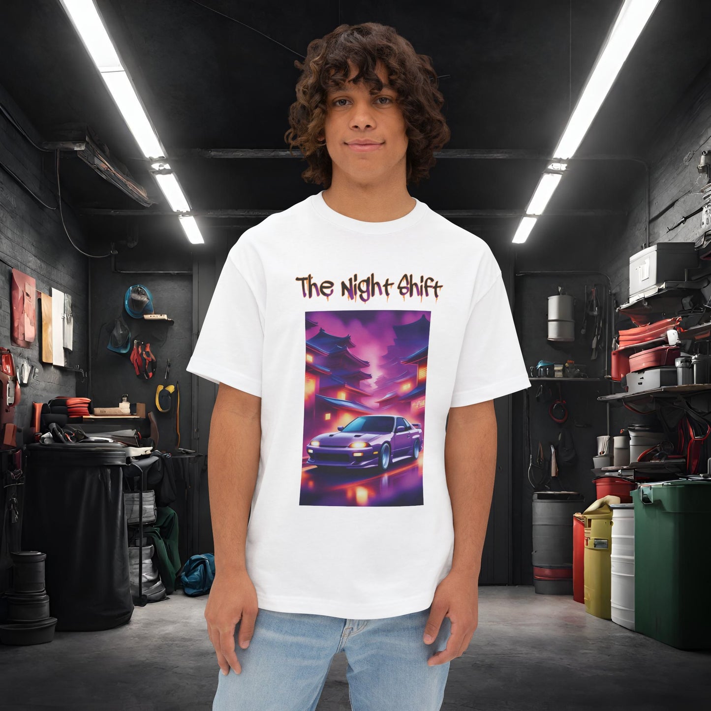 Nissan 240sx Silvia Japanese Traditional Village-Unisex Oversized Boxy Tee White Printify by The Night Shift Automotive Apparel