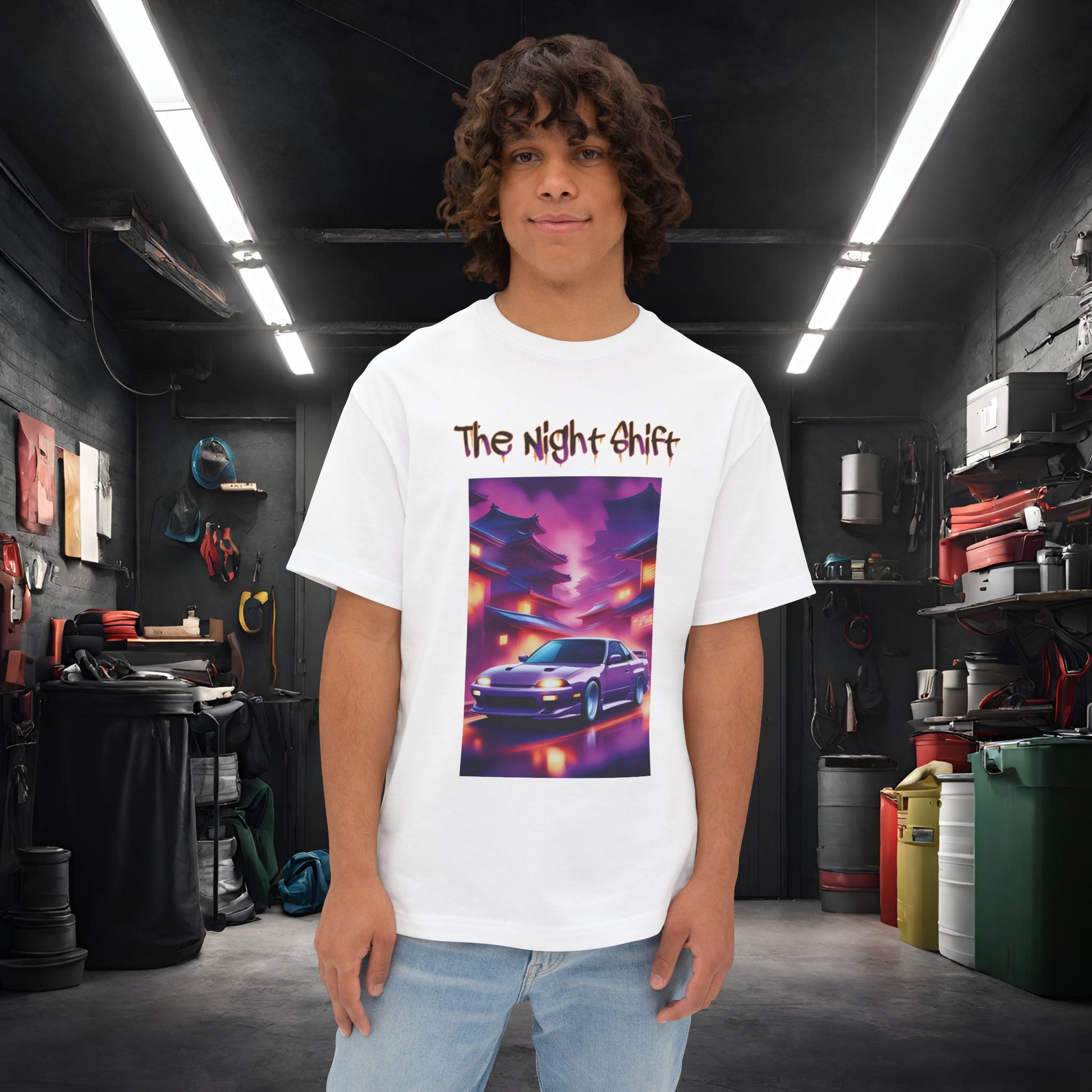 Nissan 240sx Silvia Japanese Traditional Village-Unisex Oversized Boxy Tee White Printify by The Night Shift Automotive Apparel