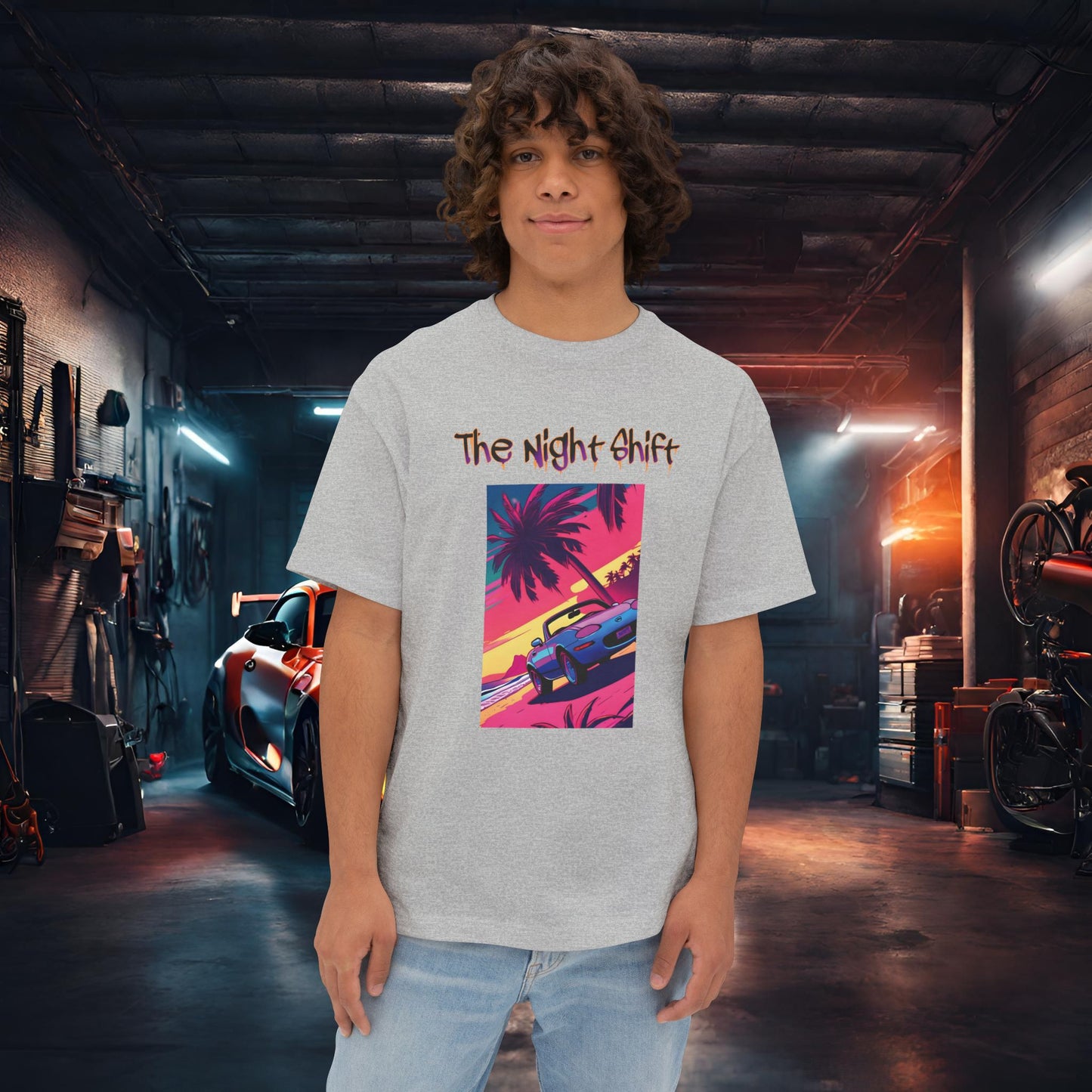 Miata Topless Beach Cruise Synthwave-Premium, Ultra Soft Unisex Oversized Boxy Tee Athletic Heather Printify by The Night Shift Automotive Apparel