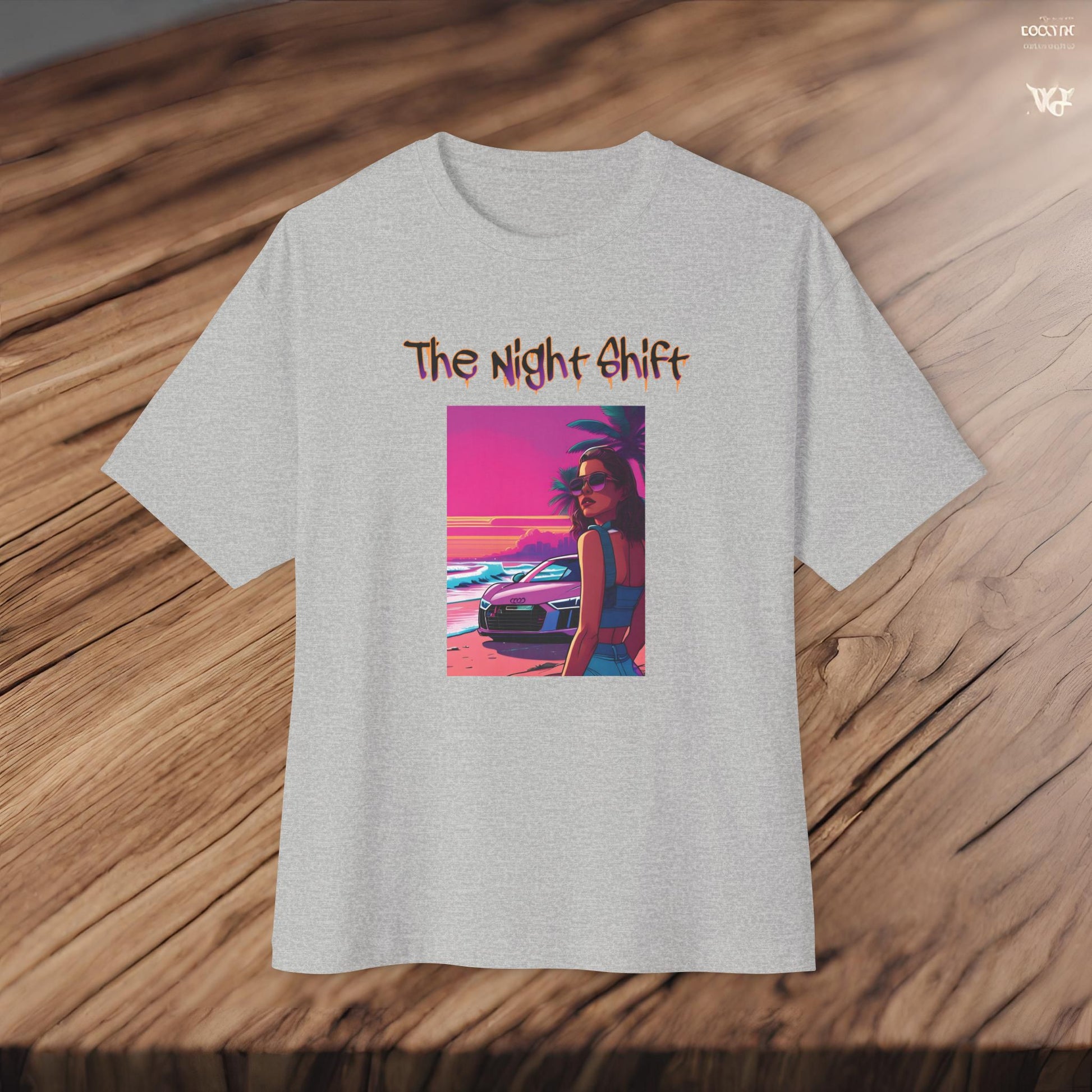 Audi R8 Beach Cruise Synthwave-Premium, Ultra Soft Unisex Oversized Boxy Tee Printify by The Night Shift Automotive Apparel