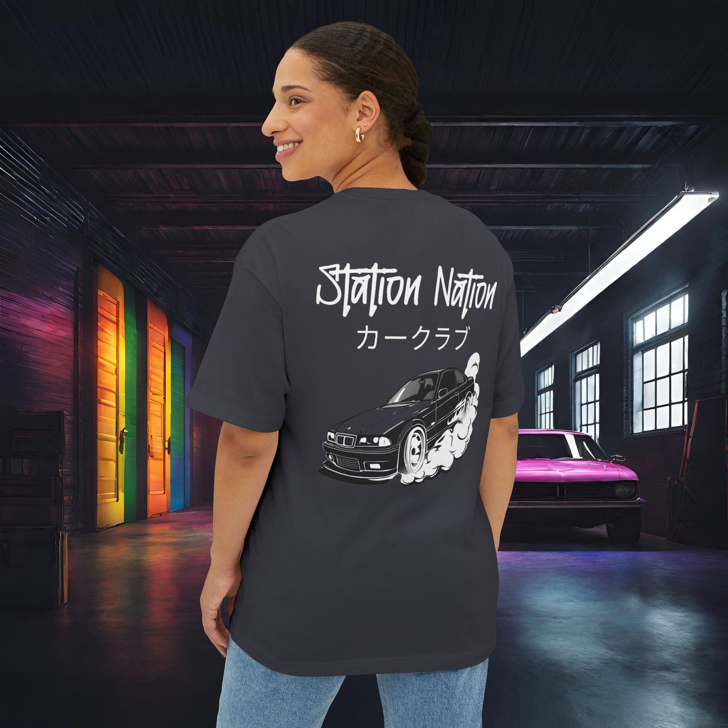 Station Nation-Premium, Ultra Soft Unisex Oversized Boxy Tee Dark Grey Printify by The Night Shift Automotive Apparel