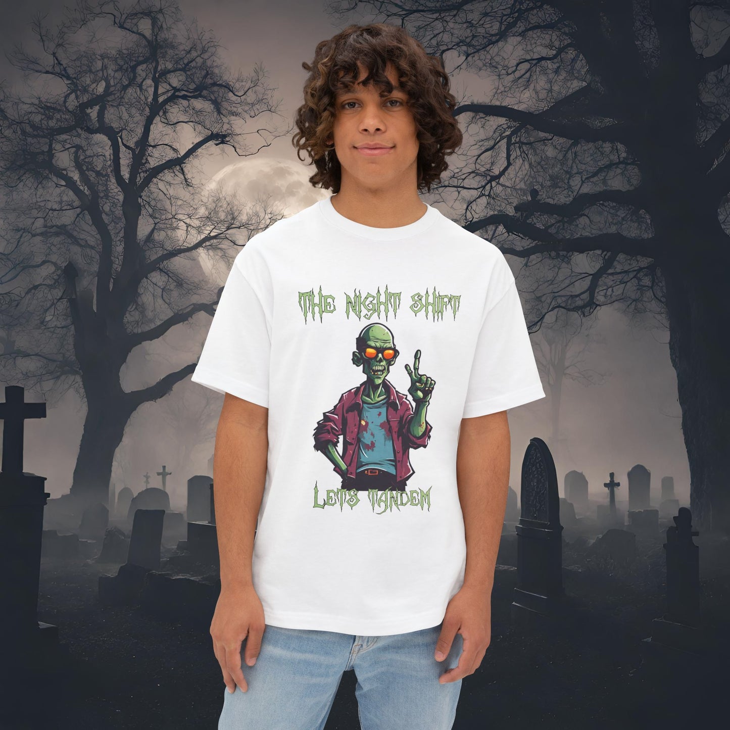 Lets Tandem Drift Zombie- Premium, Ultra Soft Unisex Oversized Boxy Tee White Printify by The Night Shift Automotive Apparel