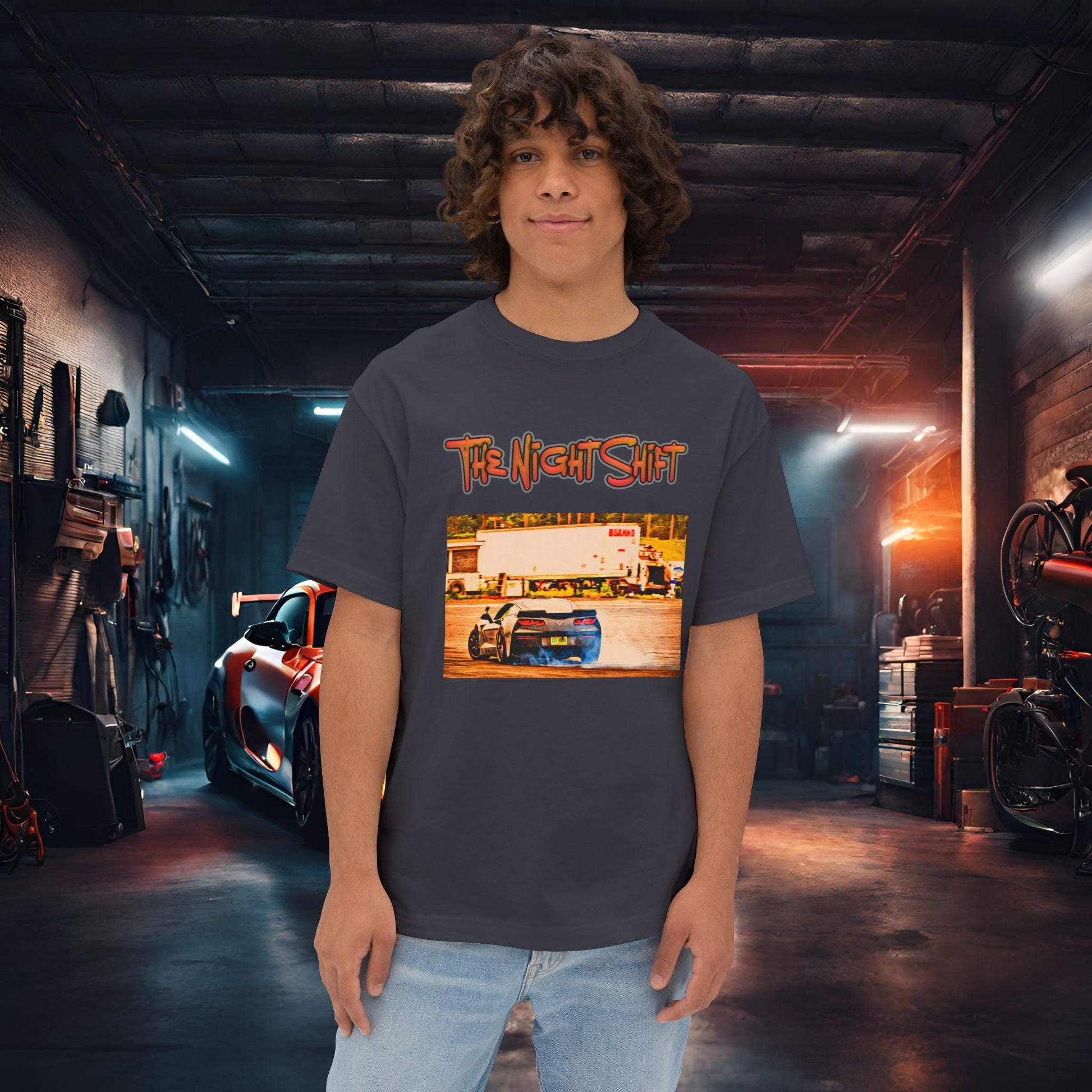 Chevy Corvette C7 Drifting Lebanon Valley-Premium, Ultra Soft Unisex Oversized Boxy Tee Dark Grey Printify by The Night Shift Automotive Apparel