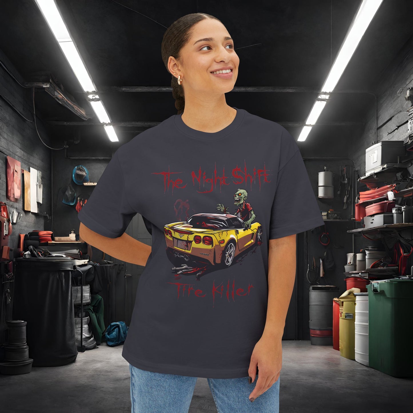 Tire Killer Zombie Corvette-Premium, Ultra Soft Unisex Oversized Boxy Tee Printify by The Night Shift Automotive Apparel