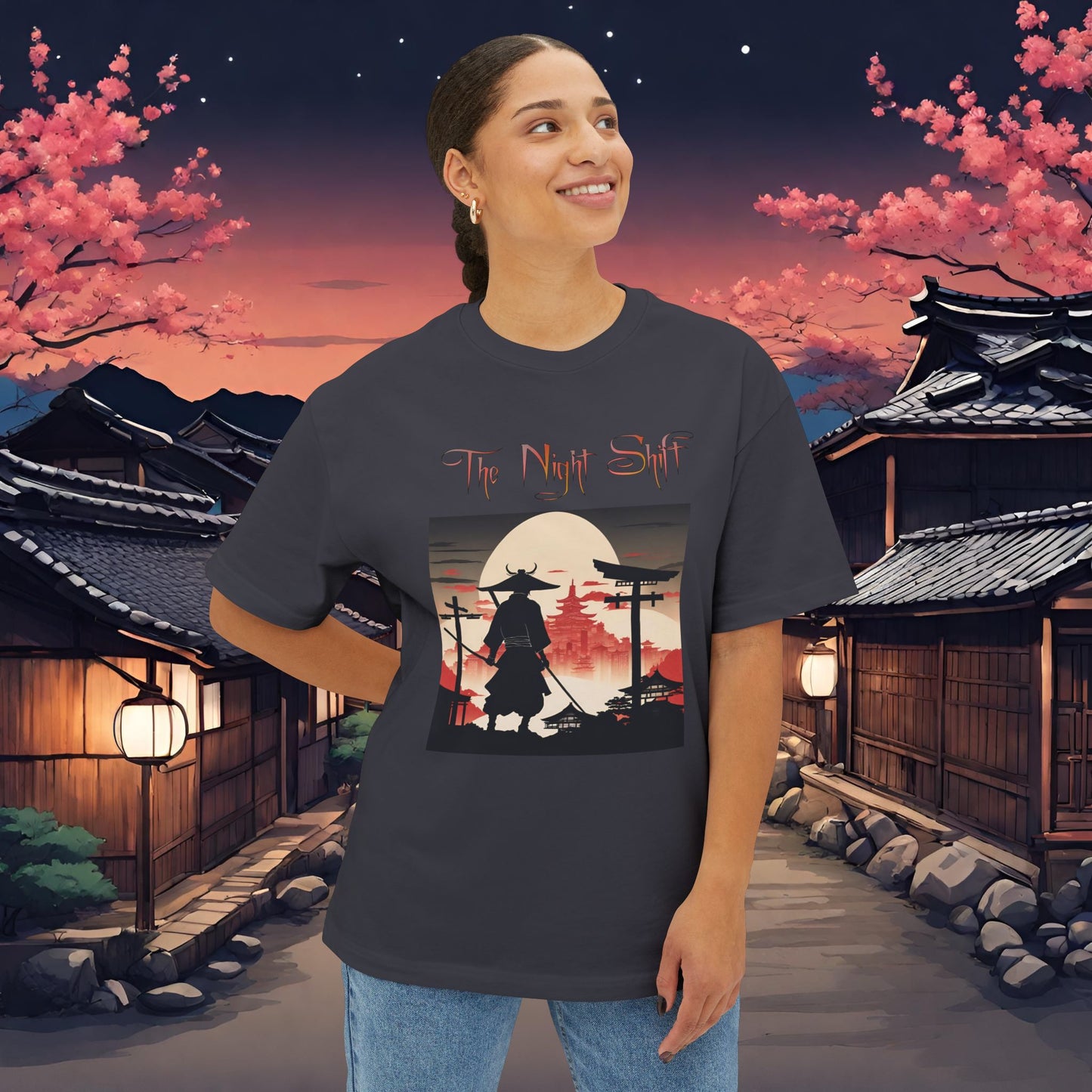 Samurai Full Moon Silhouette-Premium, Ultra Soft Unisex Oversized Boxy Tee Printify by The Night Shift Automotive Apparel
