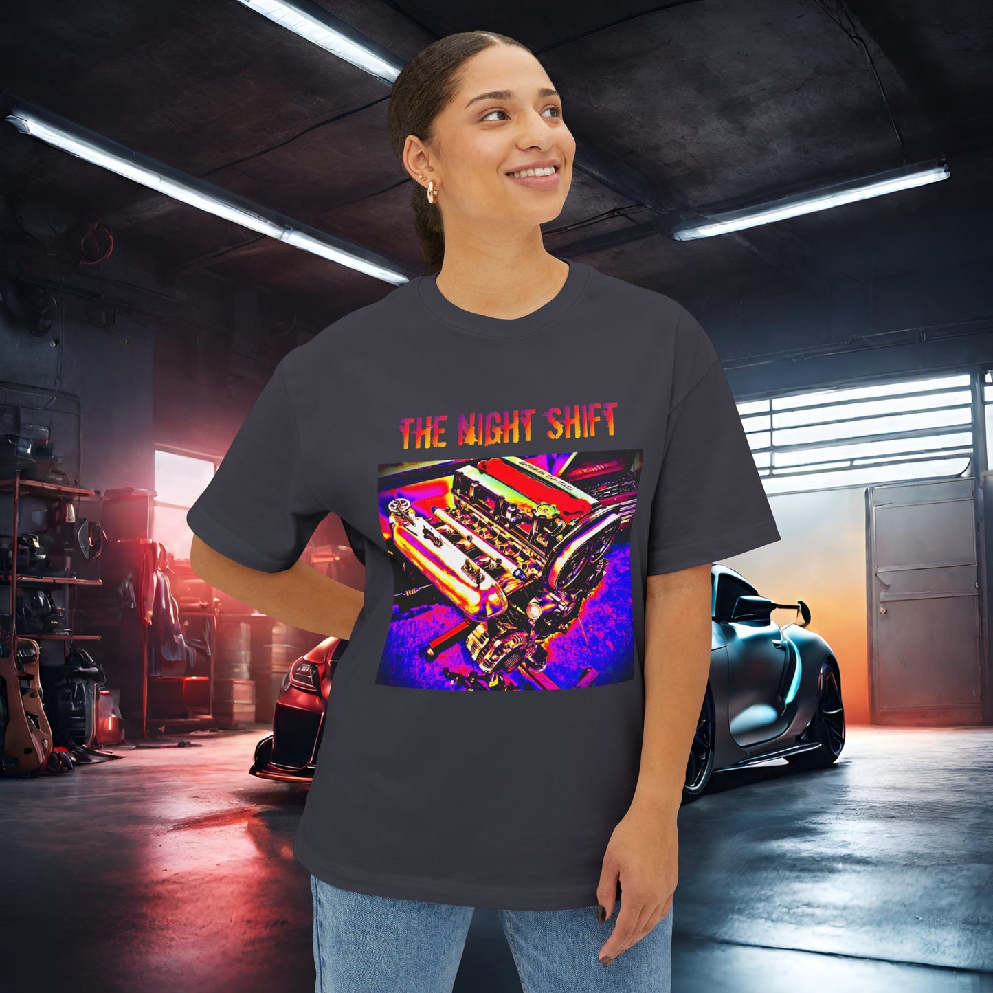 4G63 Synthwave-Premium, Ultra Soft Unisex Oversized Boxy Tee Printify by The Night Shift Automotive Apparel