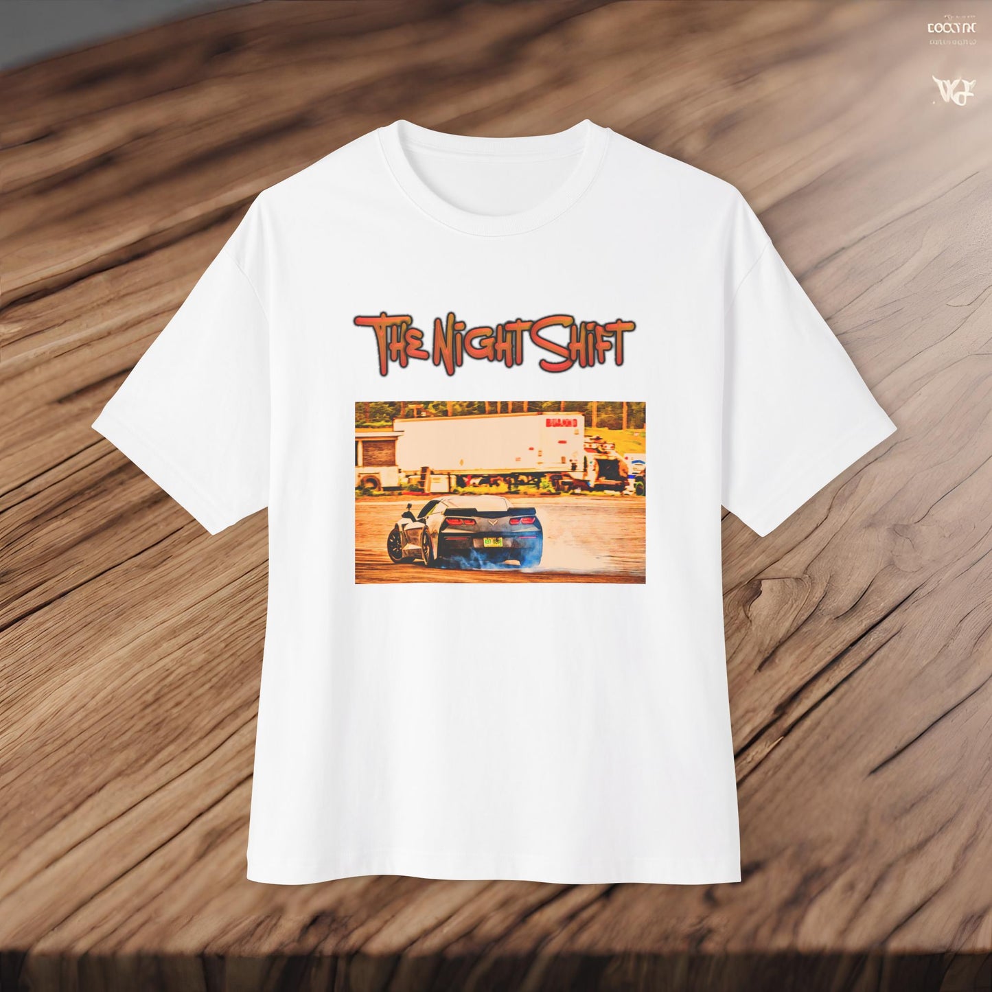 Chevy Corvette C7 Drifting Lebanon Valley-Premium, Ultra Soft Unisex Oversized Boxy Tee Printify by The Night Shift Automotive Apparel