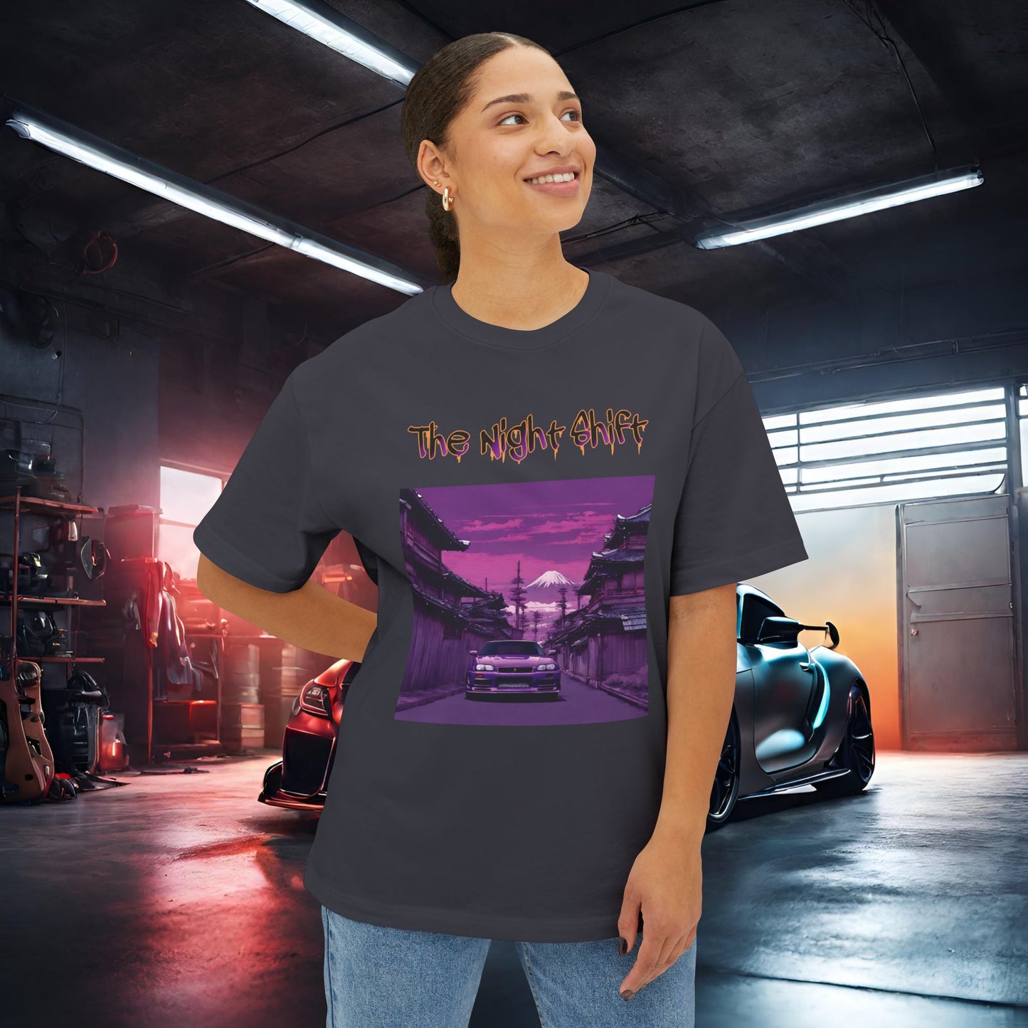 Nissan Skyline R34 Japanese Traditional Village-Premium, Ultra Soft Unisex Oversized Boxy Tee Printify by The Night Shift Automotive Apparel