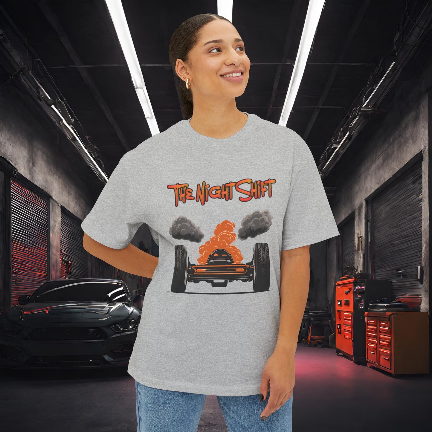 Alien UFO Big Tire Drag Racer -Premium, Ultra Soft Unisex Oversized Boxy Tee Printify by The Night Shift Automotive Apparel