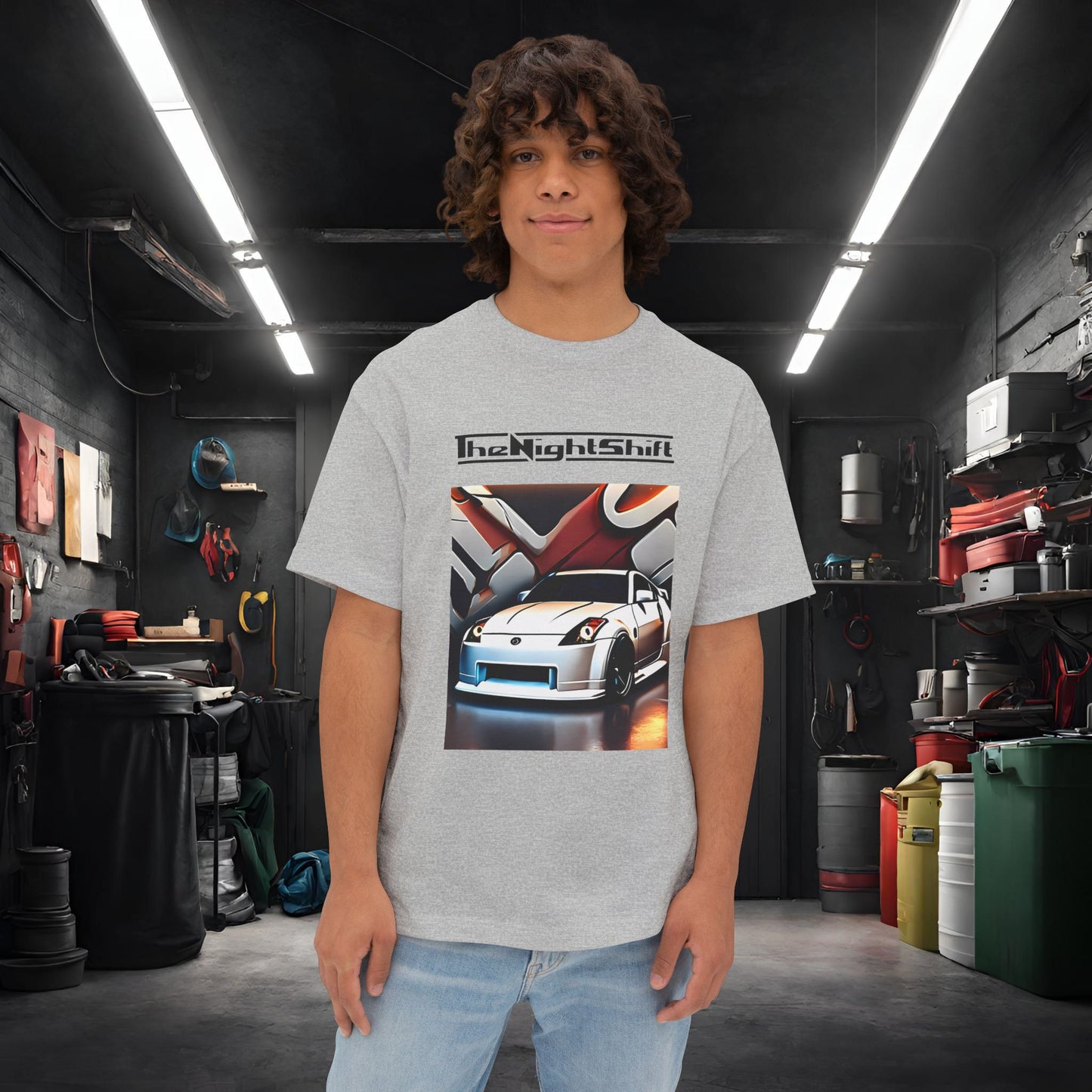 Nissan 350z Graffiti Wall-Premium, Ultra Soft, Unisex Oversized Boxy Tee Athletic Heather Printify by The Night Shift Automotive Apparel
