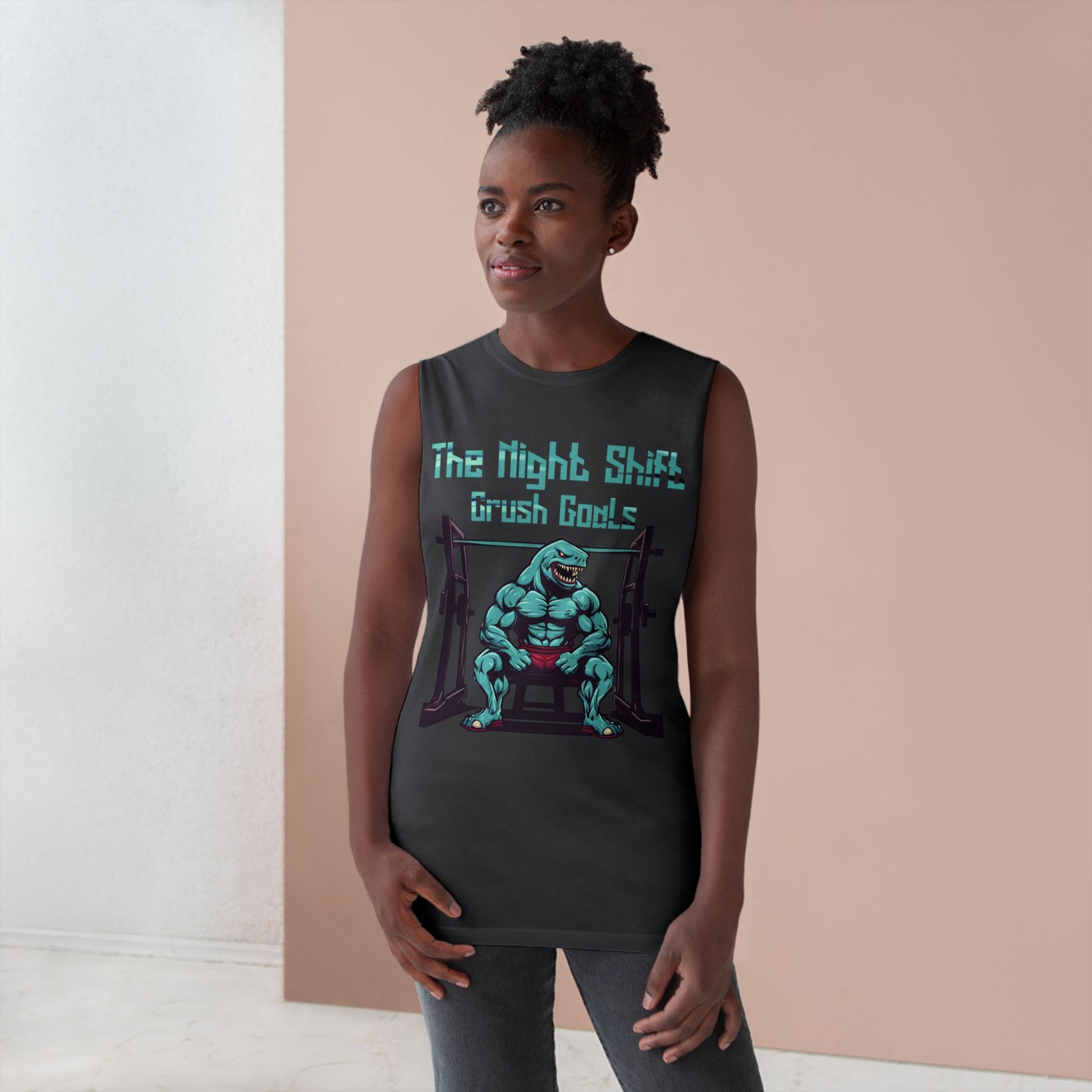 Crush Goals - Shark Body Builder - Premium Unisex Barnard Tank Top Printify by The Night Shift Automotive Apparel