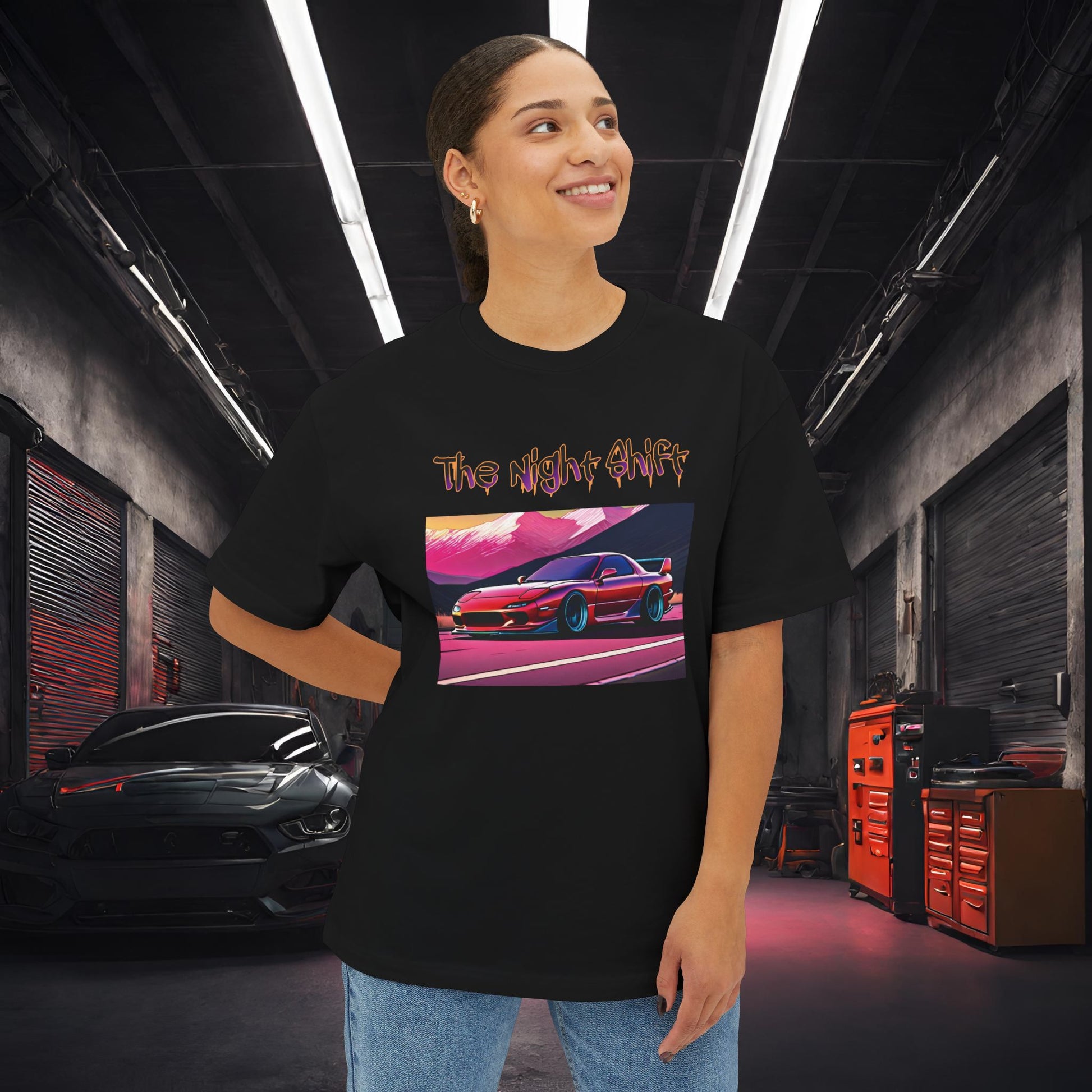 Mazda RX7 Synthwave-Premium, Ultra Soft Unisex Oversized Boxy Tee Printify by The Night Shift Automotive Apparel