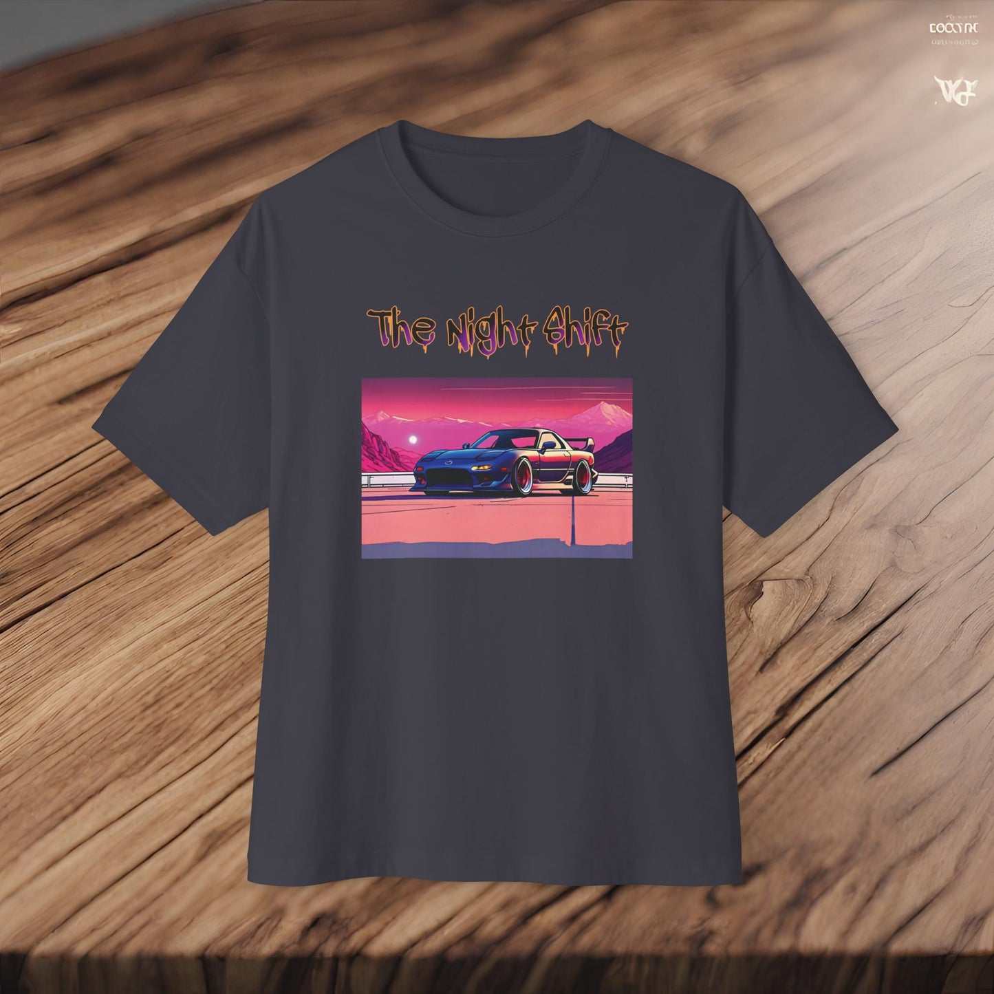 Mazda RX7 Synthwave-Premium, Ultra Soft Unisex Oversized Boxy Tee Printify by The Night Shift Automotive Apparel