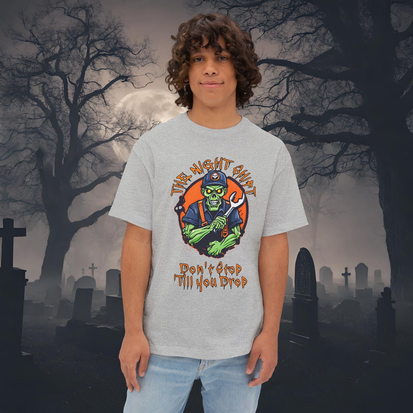 The Night Shift Zombie Mechanic-Premium, Ultra Soft Unisex Oversized Boxy Tee Athletic Heather Printify by The Night Shift Automotive Apparel