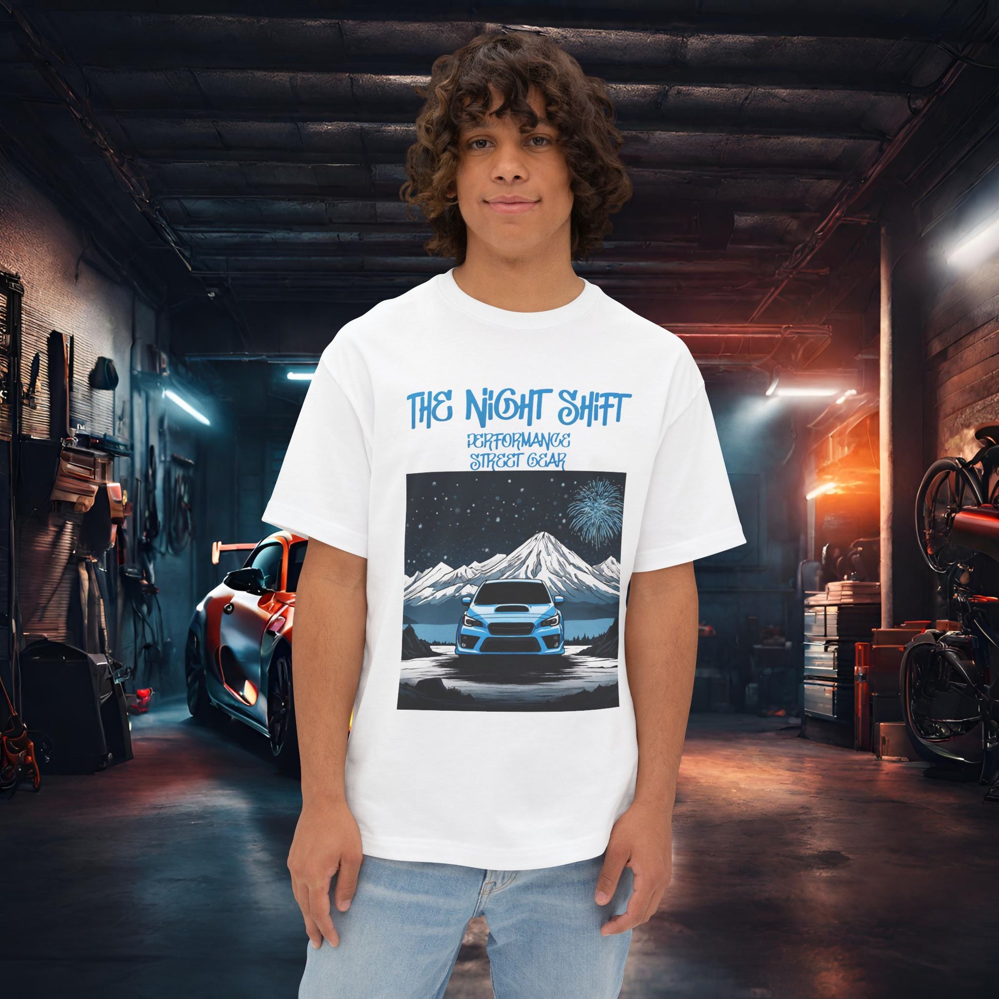 Subaru WRX Fireworks In The Mountains-Premium, Ultra Soft Unisex Oversized Boxy Tee White Printify by The Night Shift Automotive Apparel