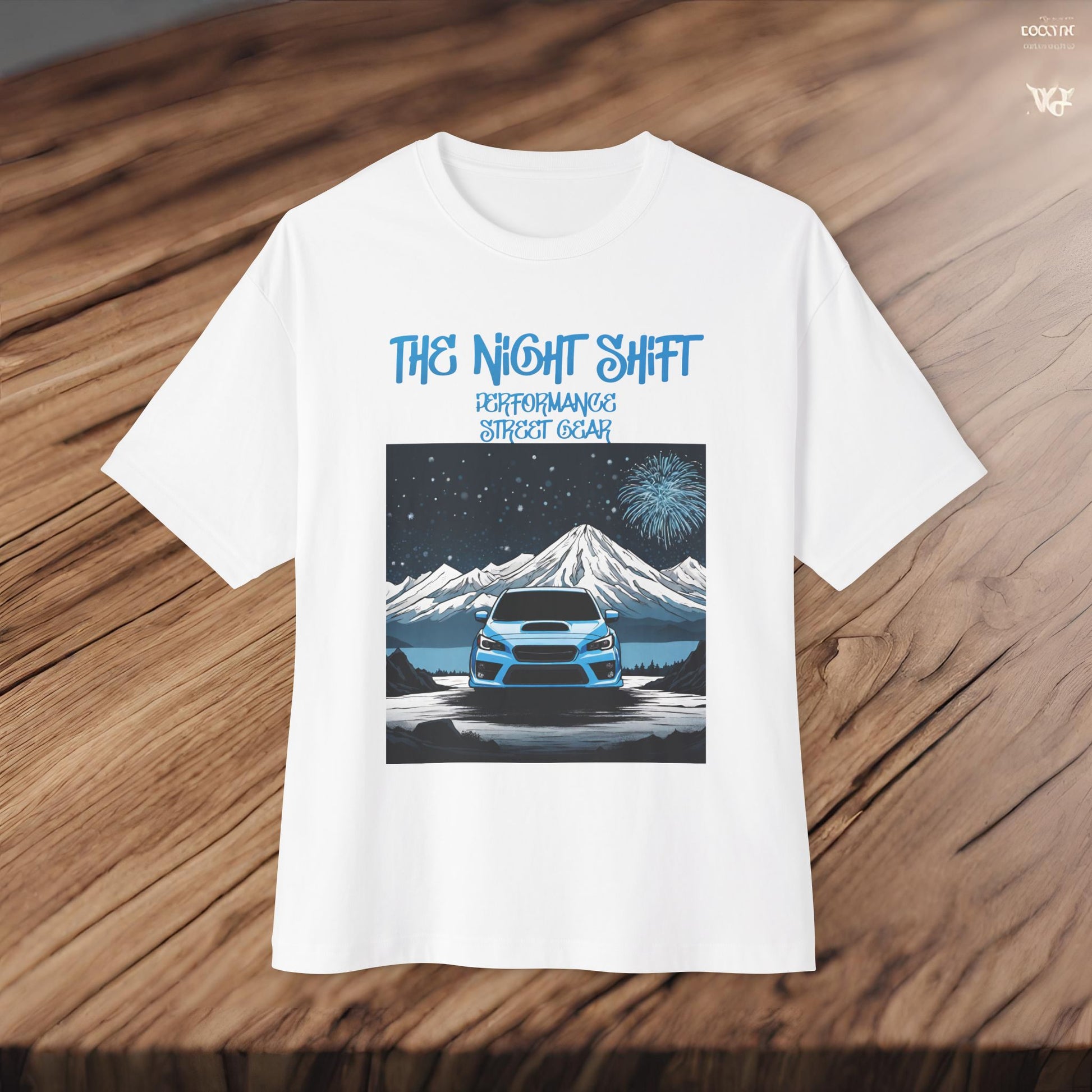 Subaru WRX Fireworks In The Mountains-Premium, Ultra Soft Unisex Oversized Boxy Tee Printify by The Night Shift Automotive Apparel