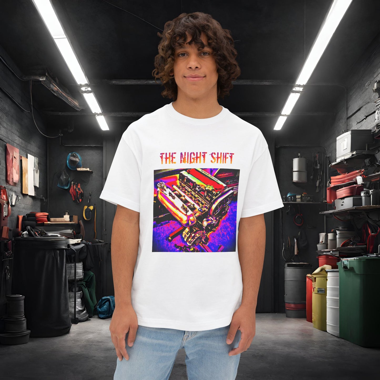 4G63 Synthwave-Premium, Ultra Soft Unisex Oversized Boxy Tee White Printify by The Night Shift Automotive Apparel