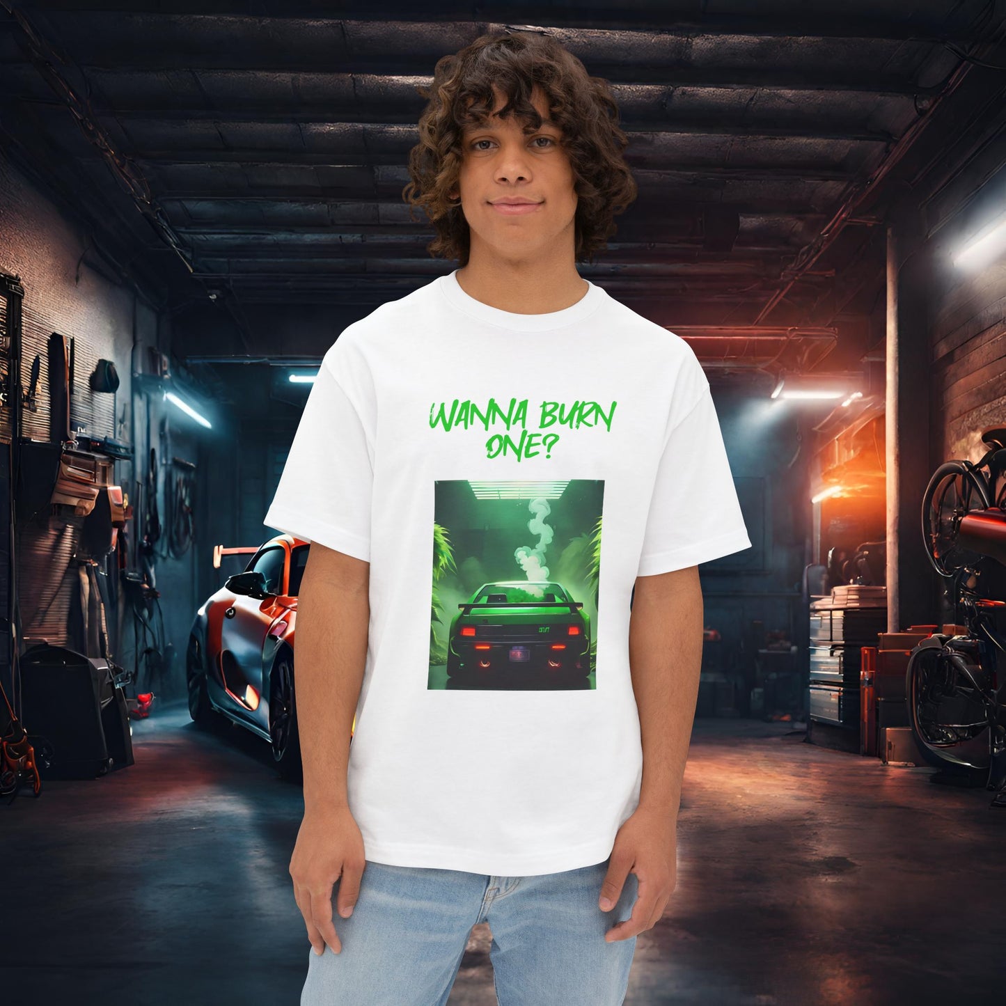 Wanna Burn One-Premium, Ultra Soft Unisex Oversized Boxy Tee White Printify by The Night Shift Automotive Apparel