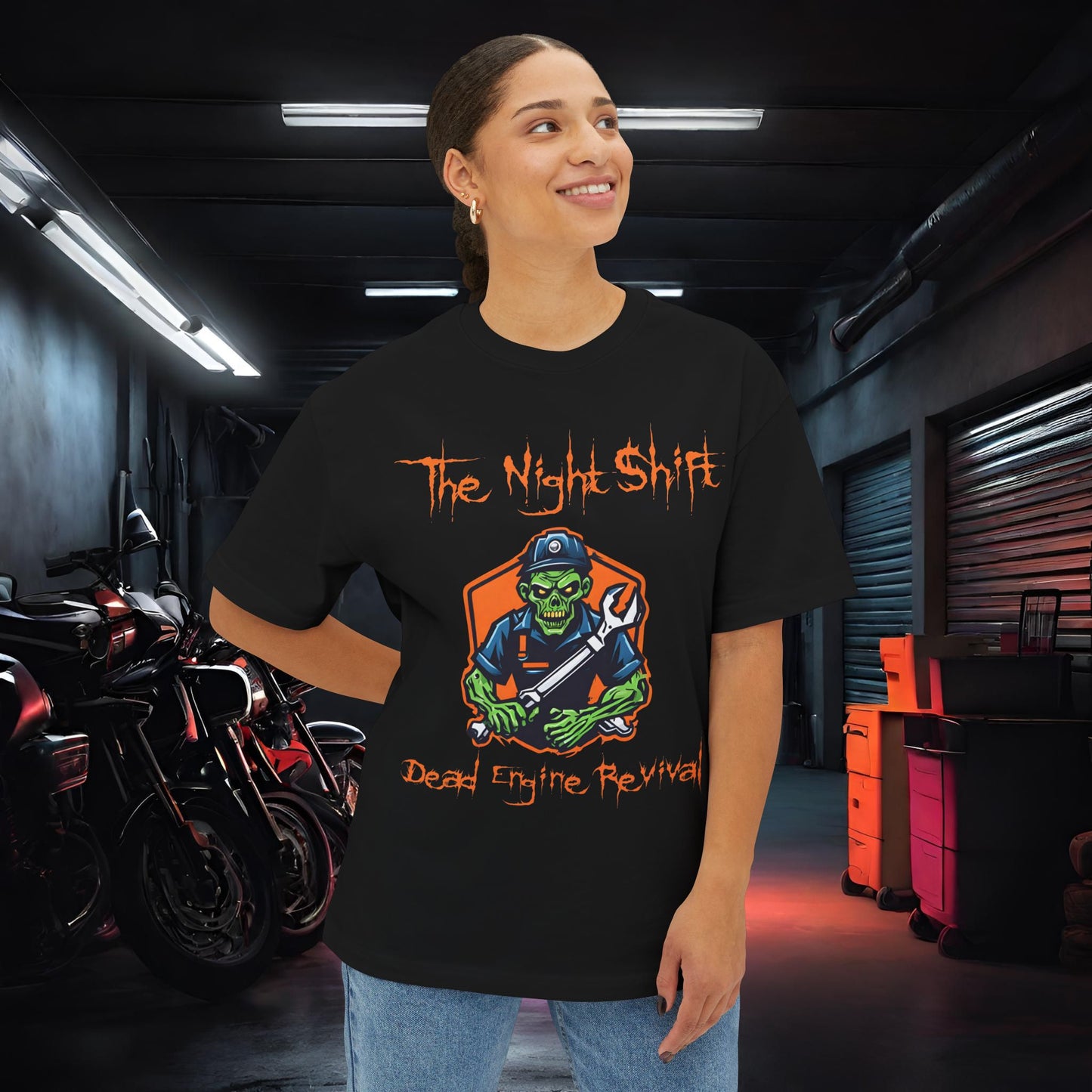 Zombie Dead Engine Revival-Premium, Ultra Soft Unisex Oversized Boxy Tee Printify by The Night Shift Automotive Apparel